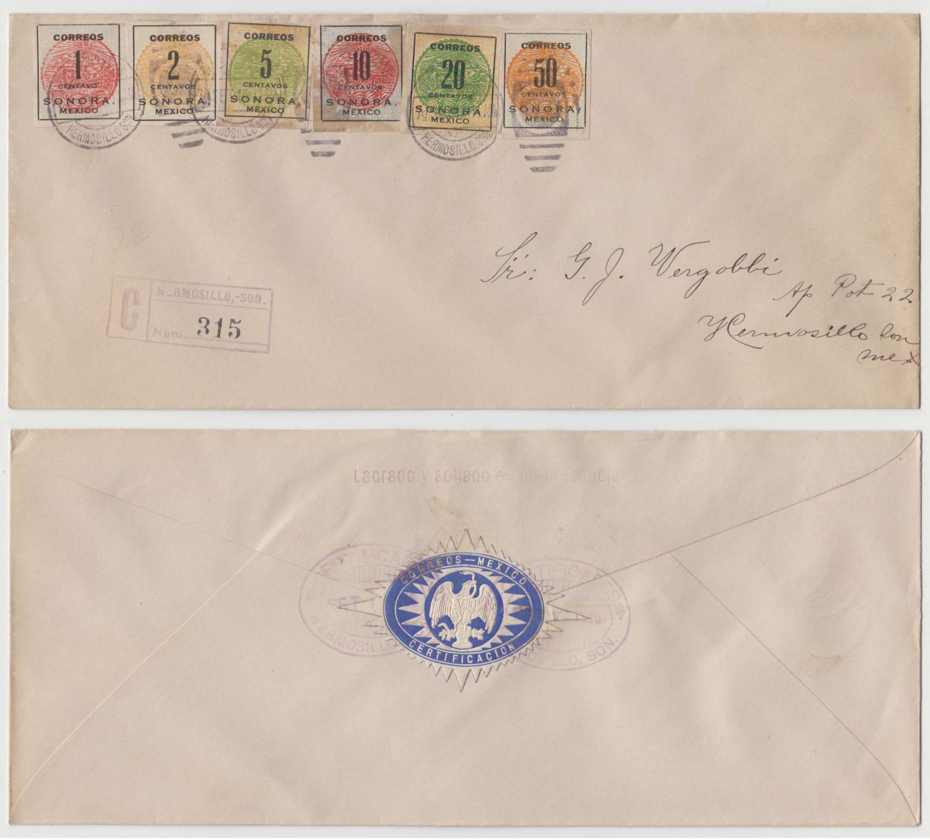 Mexico 1915 — Scott 394-398 & 400 top value on two registered covers tied by "Hermosillo Son" cds used…