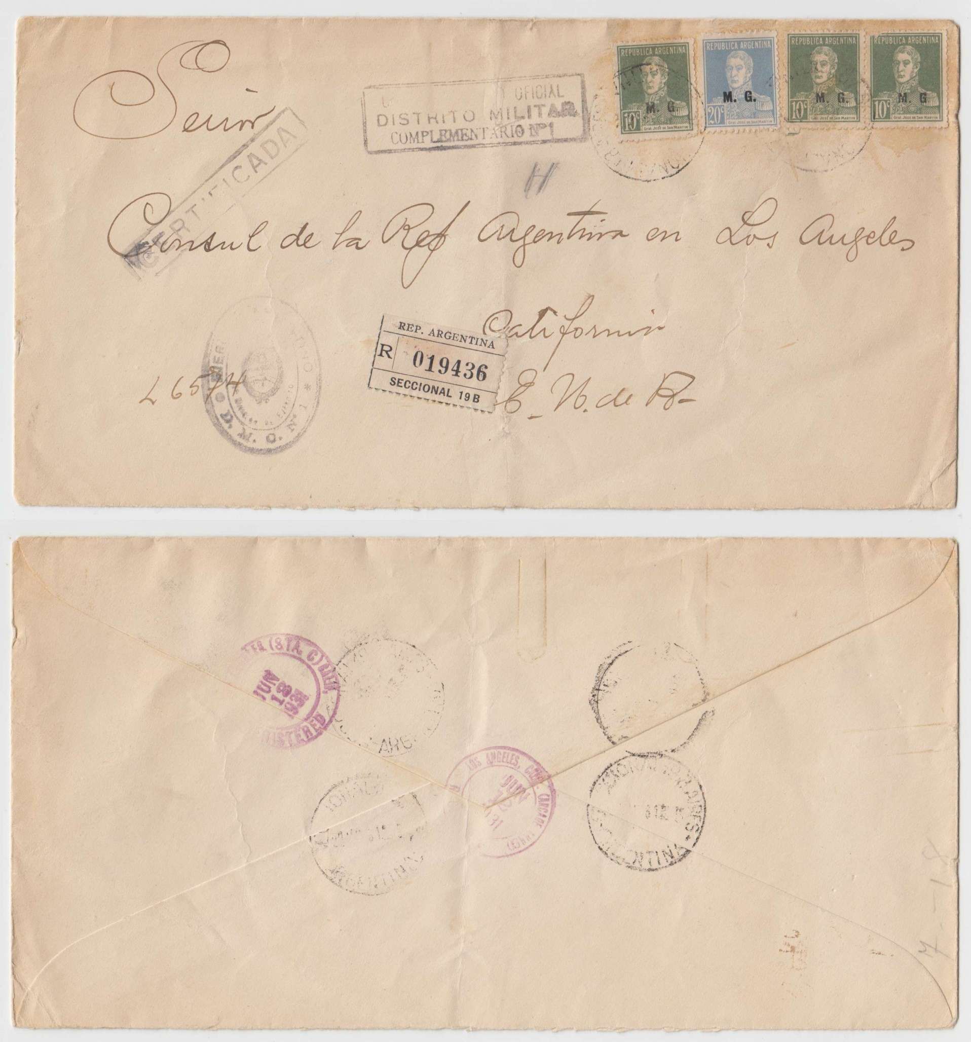 Argentina 1931 — R-Departamental mail, War Ministry to USA