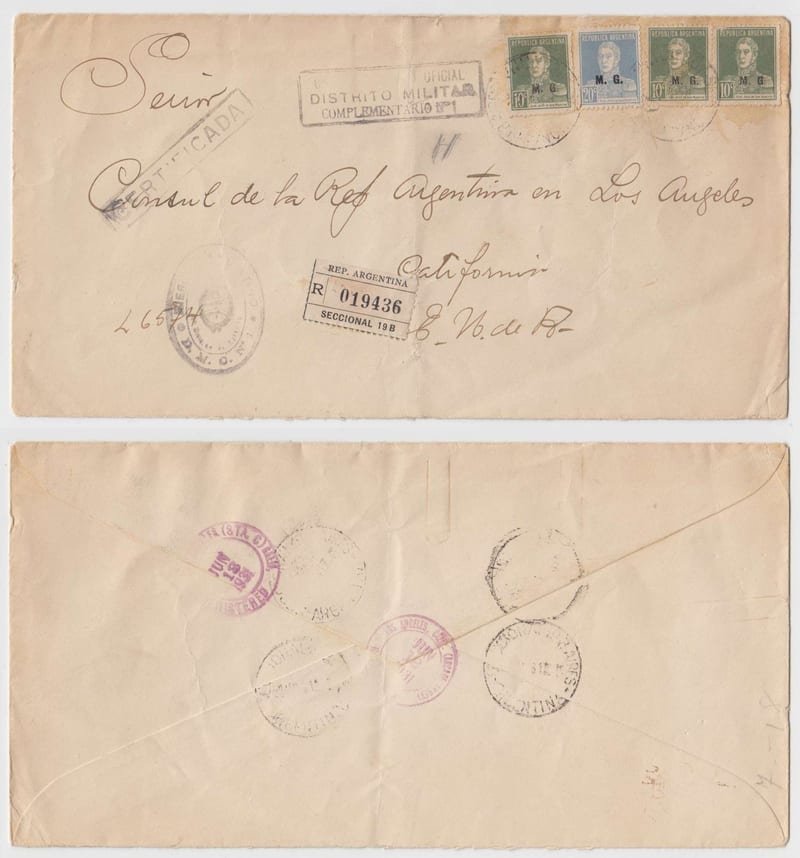 Argentina 1931 — R-Departamental mail, War Ministry to USA