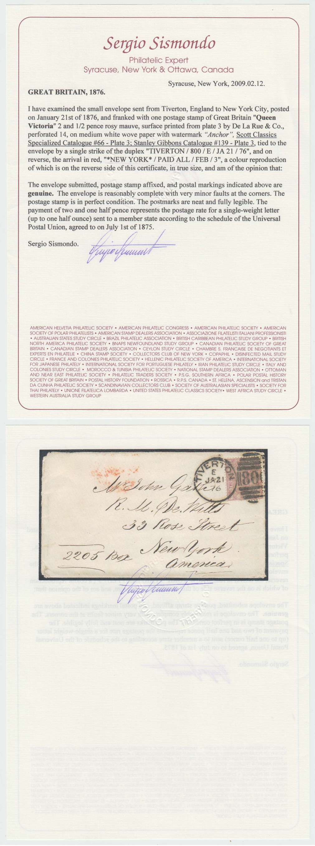 G.B. 1876 — Mail to USA