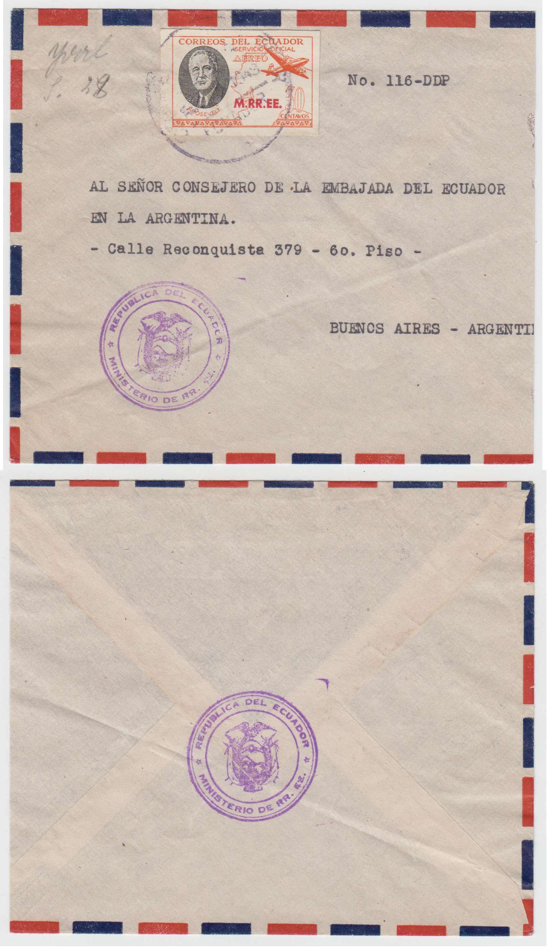 Ecuador 1949 — Roosevelt air post semi official issue