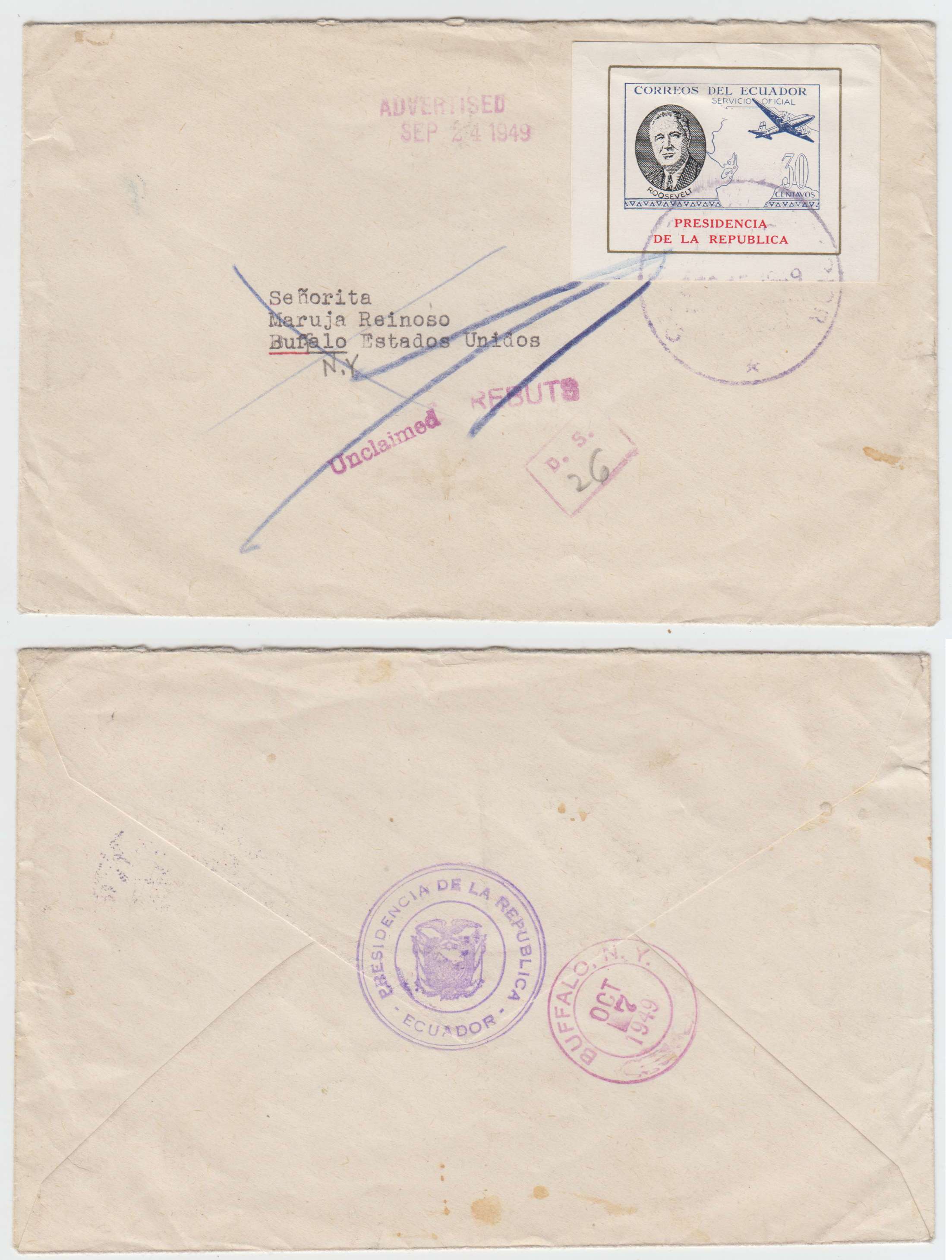 Ecuador 1949 — Roosevelt Semi Official 30 cents mini sheet on cover, Quito cds to Bufalo, NY with…