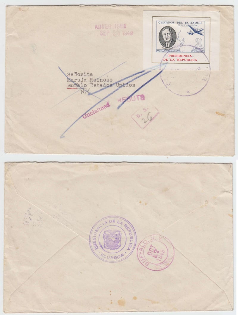 Ecuador 1949 — Roosevelt Semi Official 30 cents mini sheet on cover, Quito cds to Bufalo, NY…