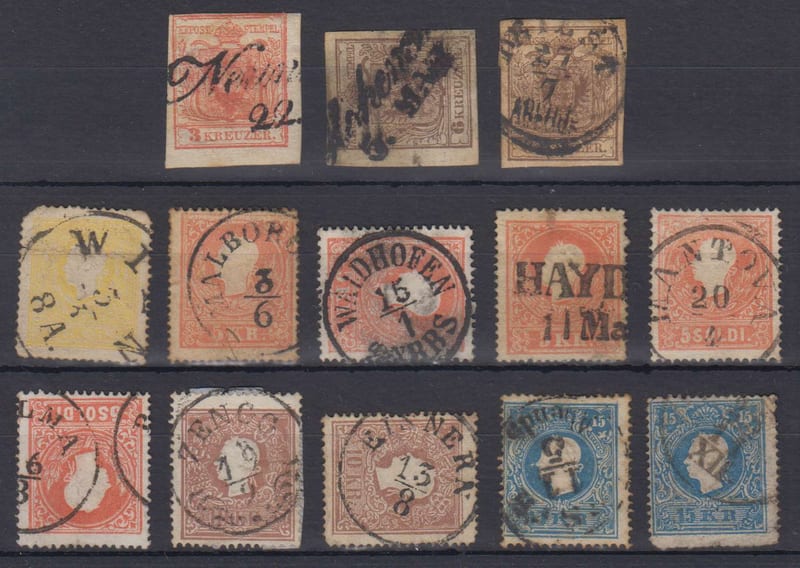 Austria 1850 — Scott 3e, 4b, 4f, 6 & 9-11