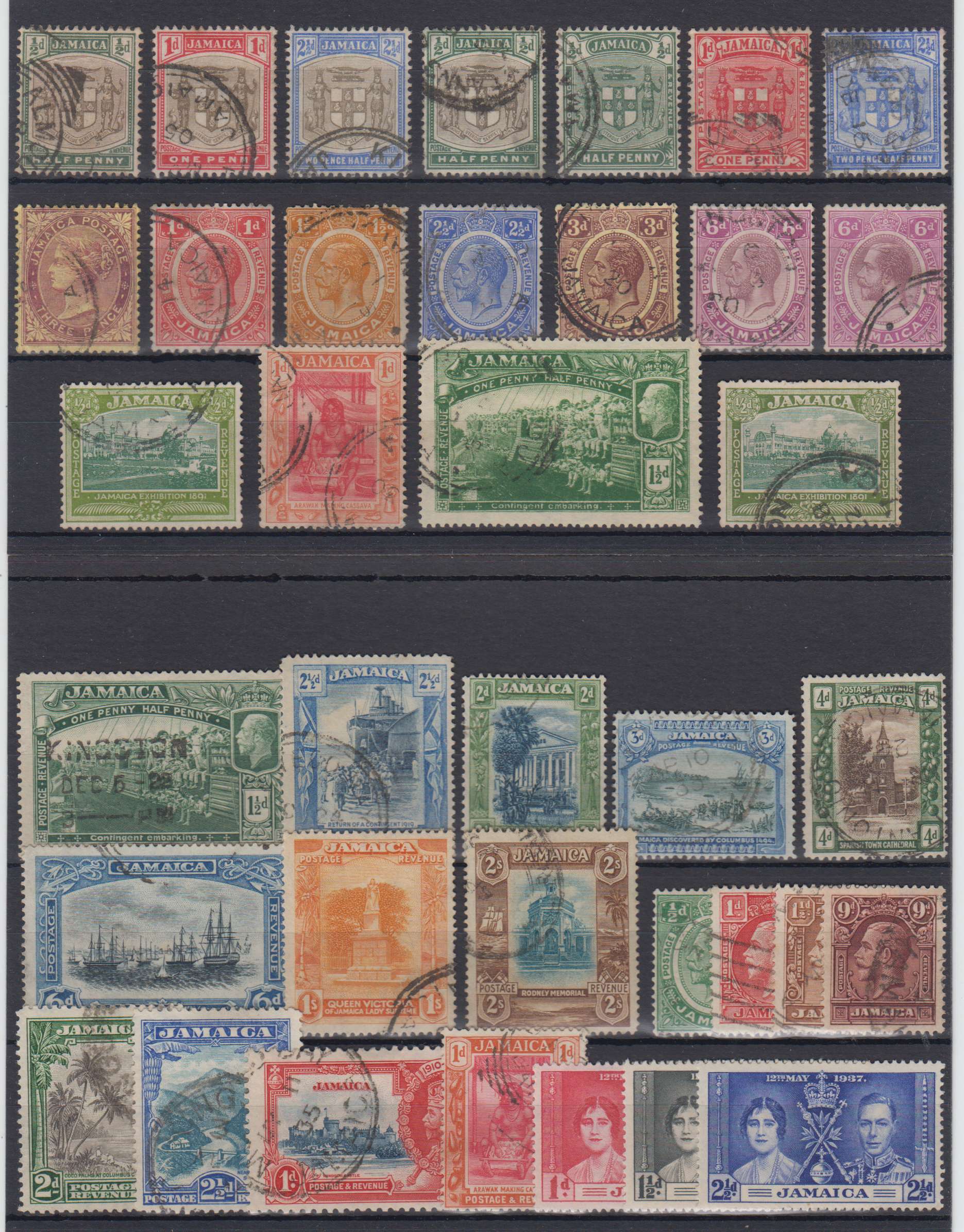 Jamaica 1903 — Group of 64 stamps on cards including key values & better items