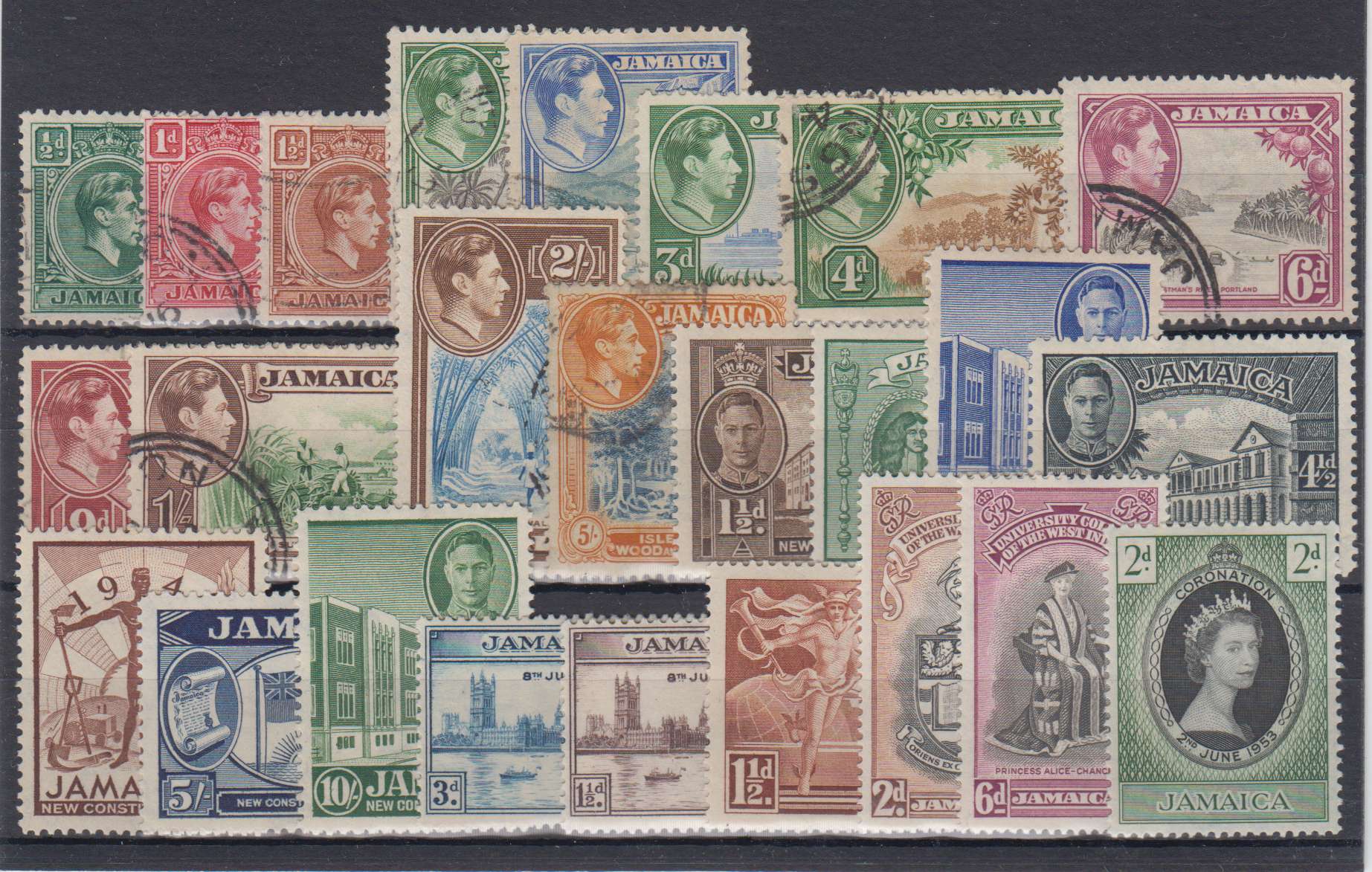 Jamaica 1903 — Group of 64 stamps on cards including key values & better items