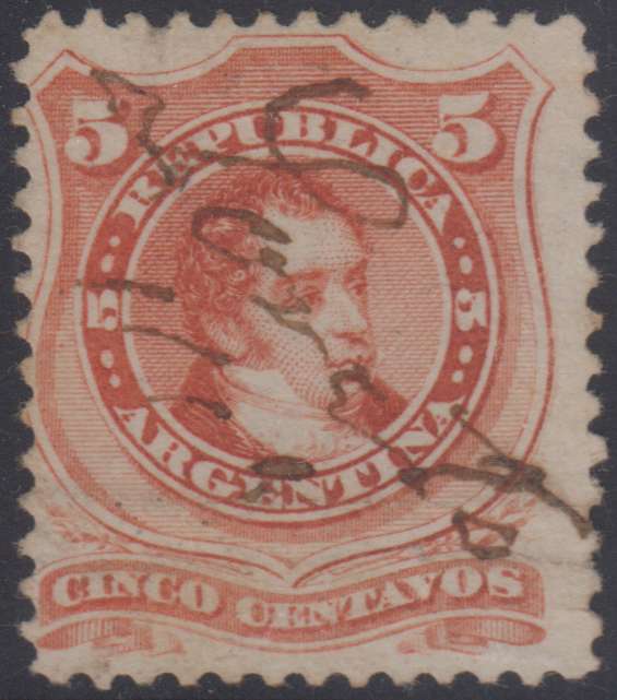 Argentina 1867 — Scott 20 used by choice "Loreto" (Santiago del Estero) pen cancel