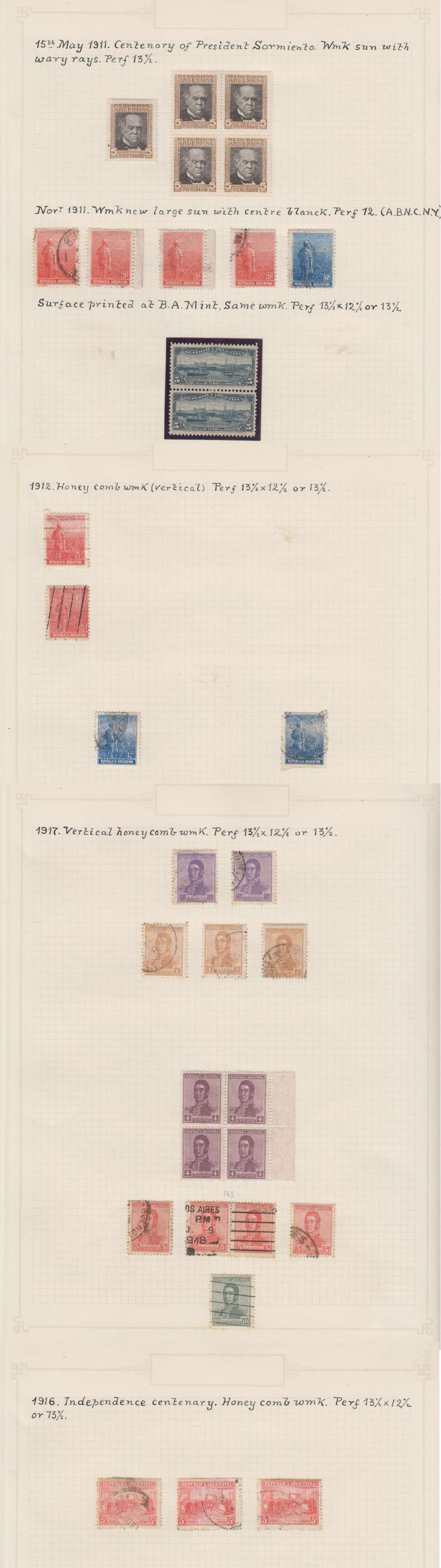 Argentina 1911 — Better collection mounted on 19 album pages with 239 stamps including key values &…