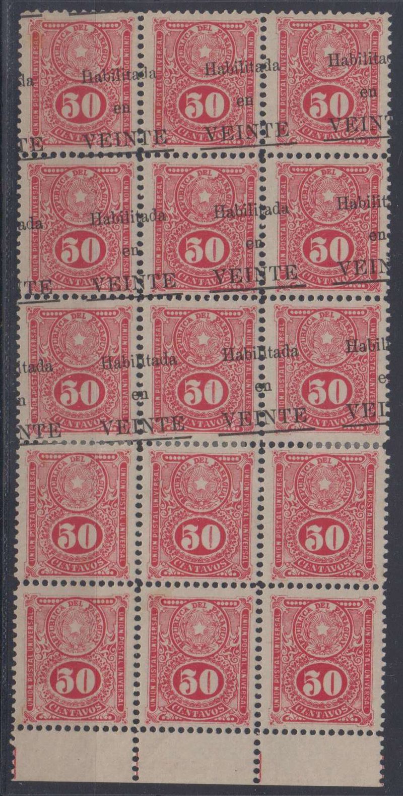 Paraguay 1912 — Scott 199 & 208 se-tenant in a marginal block of 15
