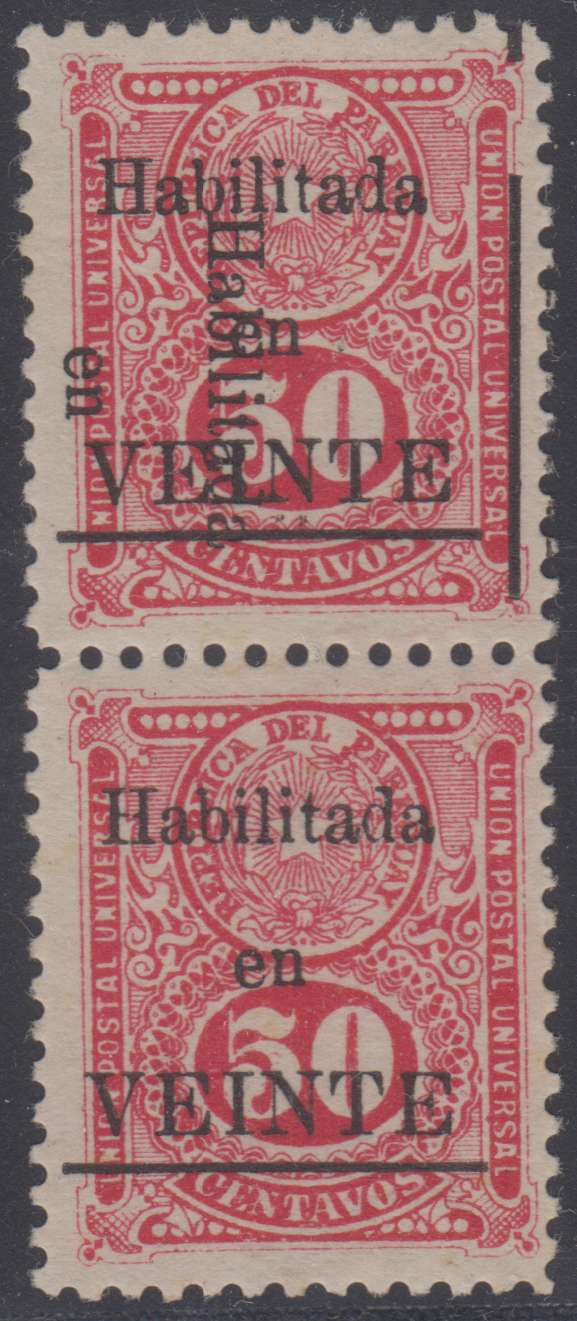 Paraguay 1912 — Scott 208 & 208b se-tenent in a pair Double Surcharge, one vertical at top se-tenant…