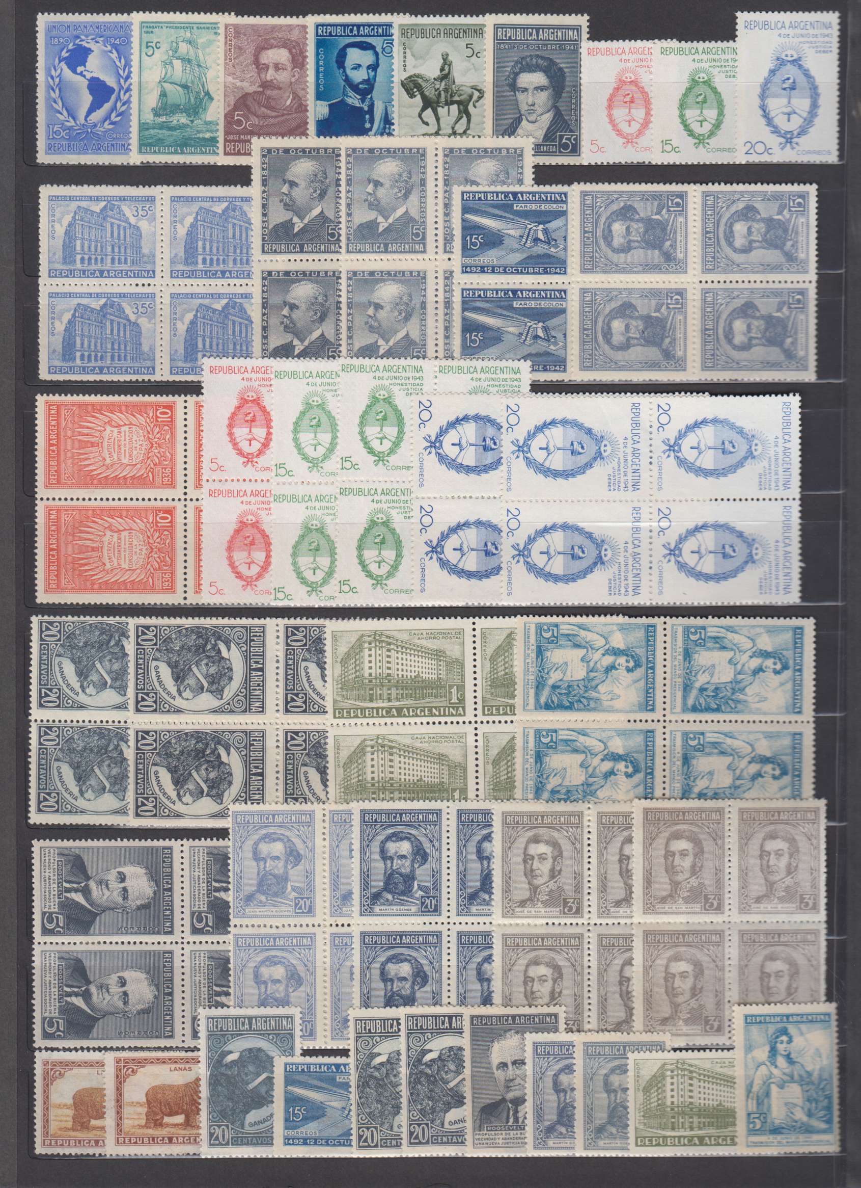 Argentina 1932 — Better selection on 2 black double pages with 321 stamps in singles, pairs or blocks of…