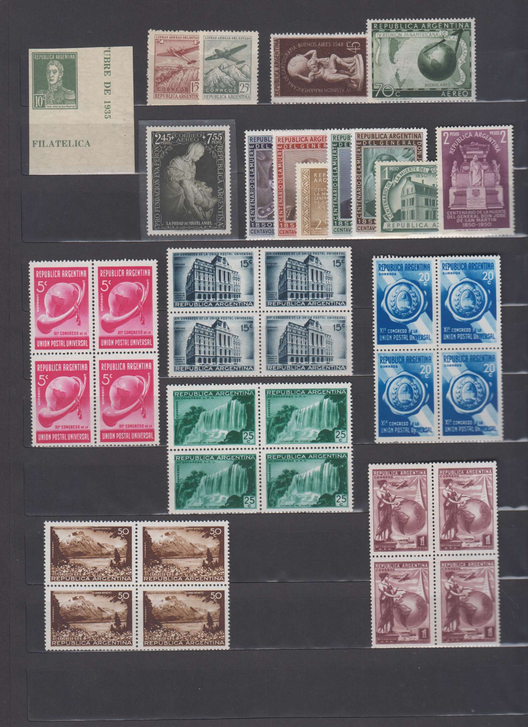 Argentina 1932 — Better selection on 2 black double pages with 321 stamps in singles, pairs or blocks of…