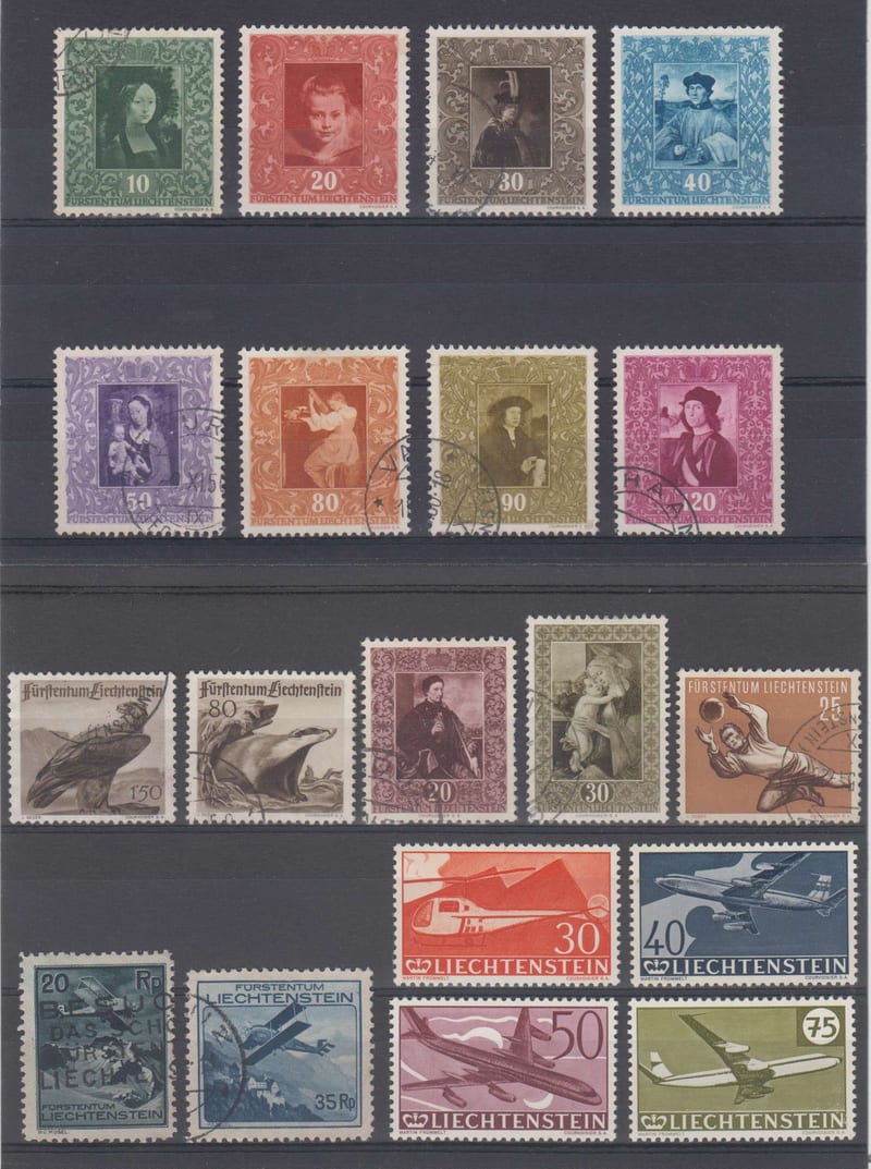 Liechtenstein 1930 — Scott 225, 227-235 (no 232), 245, 261-262, 279, 650-653 minisheets of eight, C2, C4…