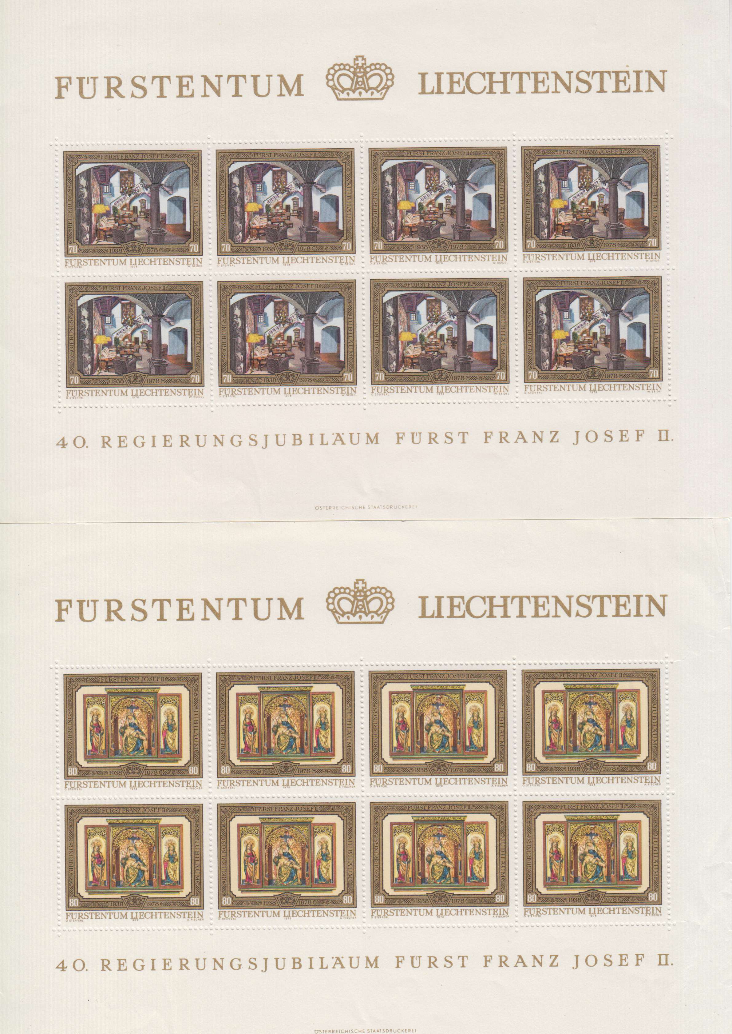 Liechtenstein 1930 — Scott 225, 227-235 (no 232), 245, 261-262, 279, 650-653 minisheets of eight, C2, C4 &…