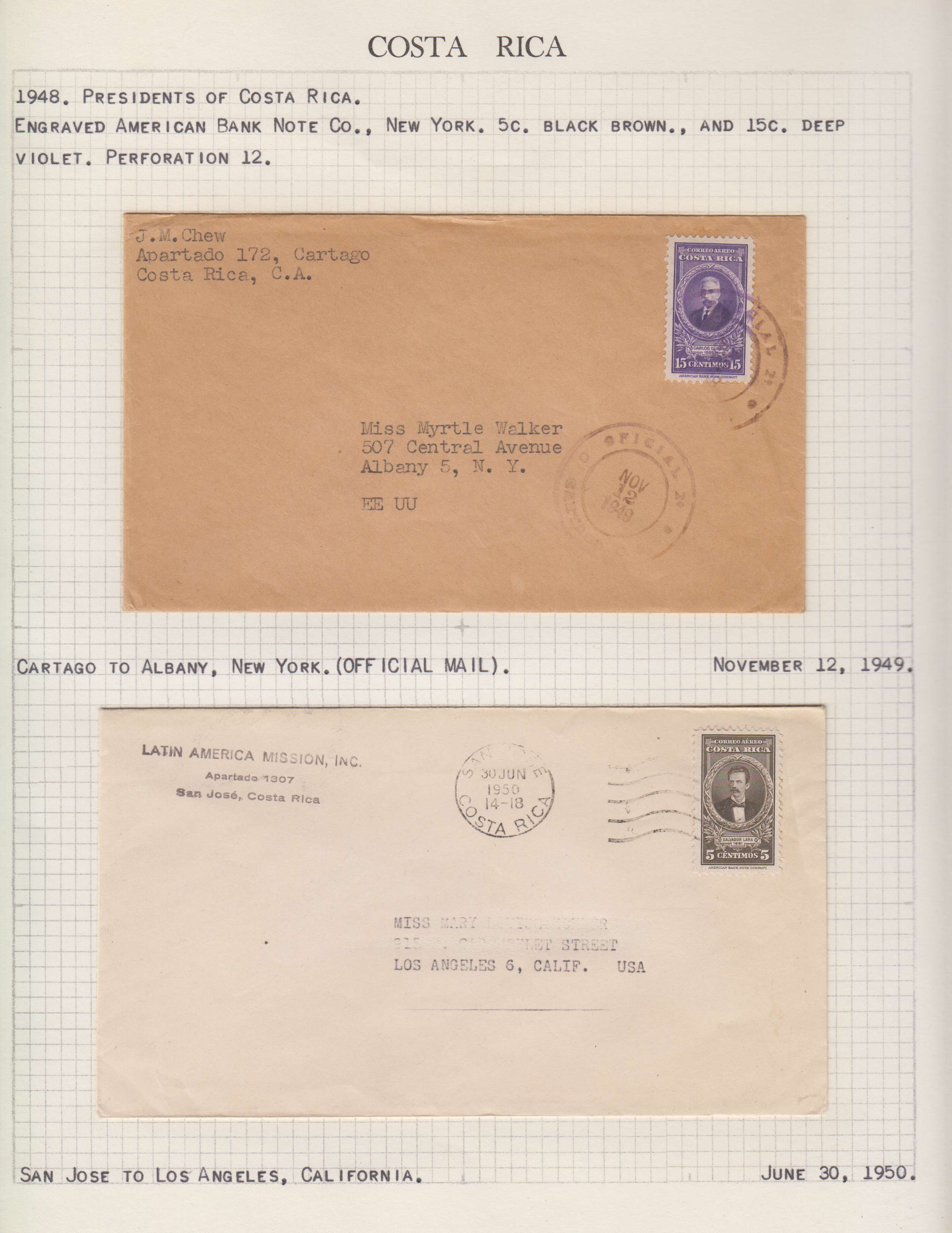 Costa Rica 1943 — Collection of 23 covers mounted on album pages, each described