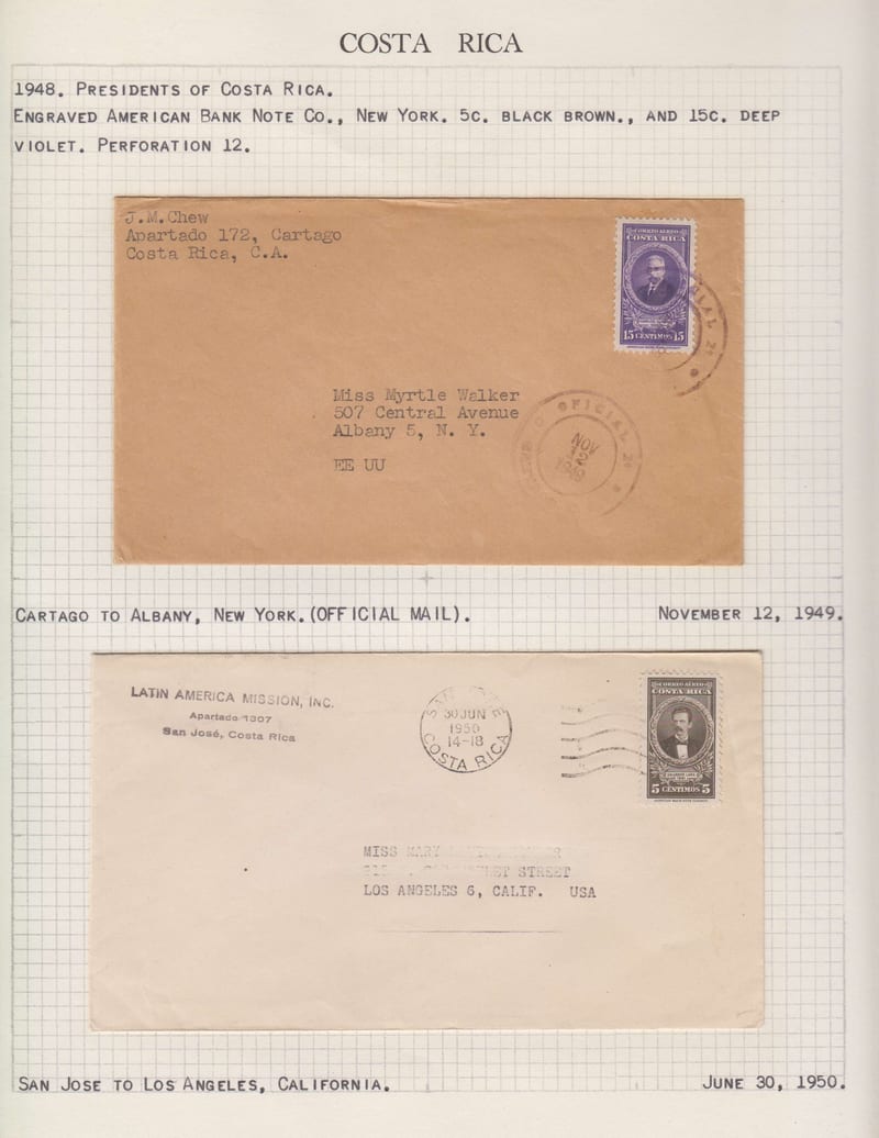 Costa Rica 1943 — Collection of 23 covers mounted on album pages, each described