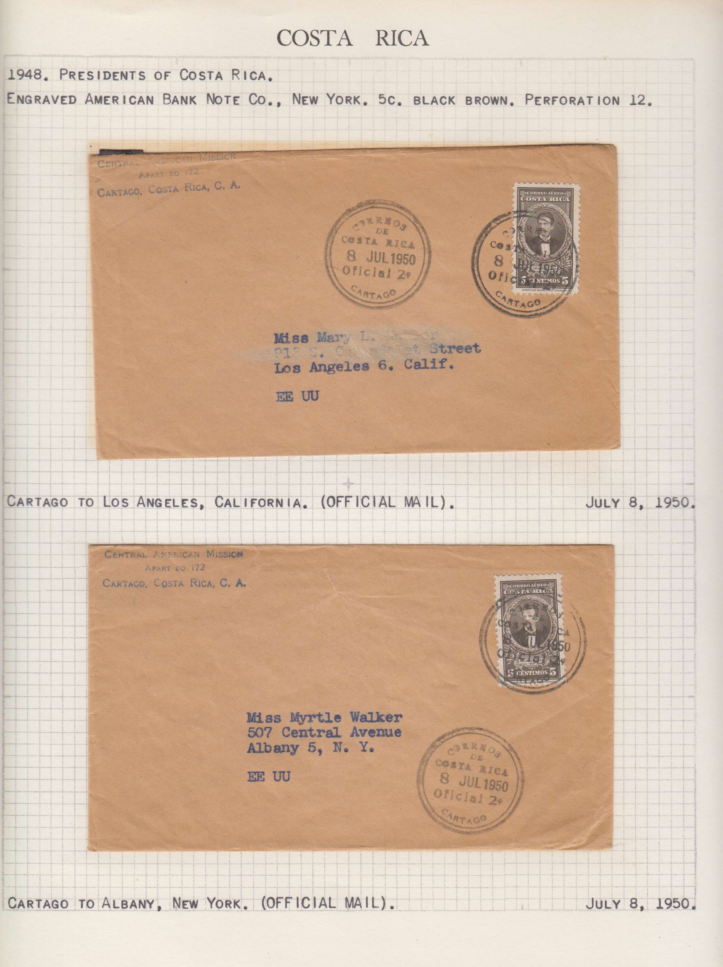 Costa Rica 1943 — Collection of 23 covers mounted on album pages, each described