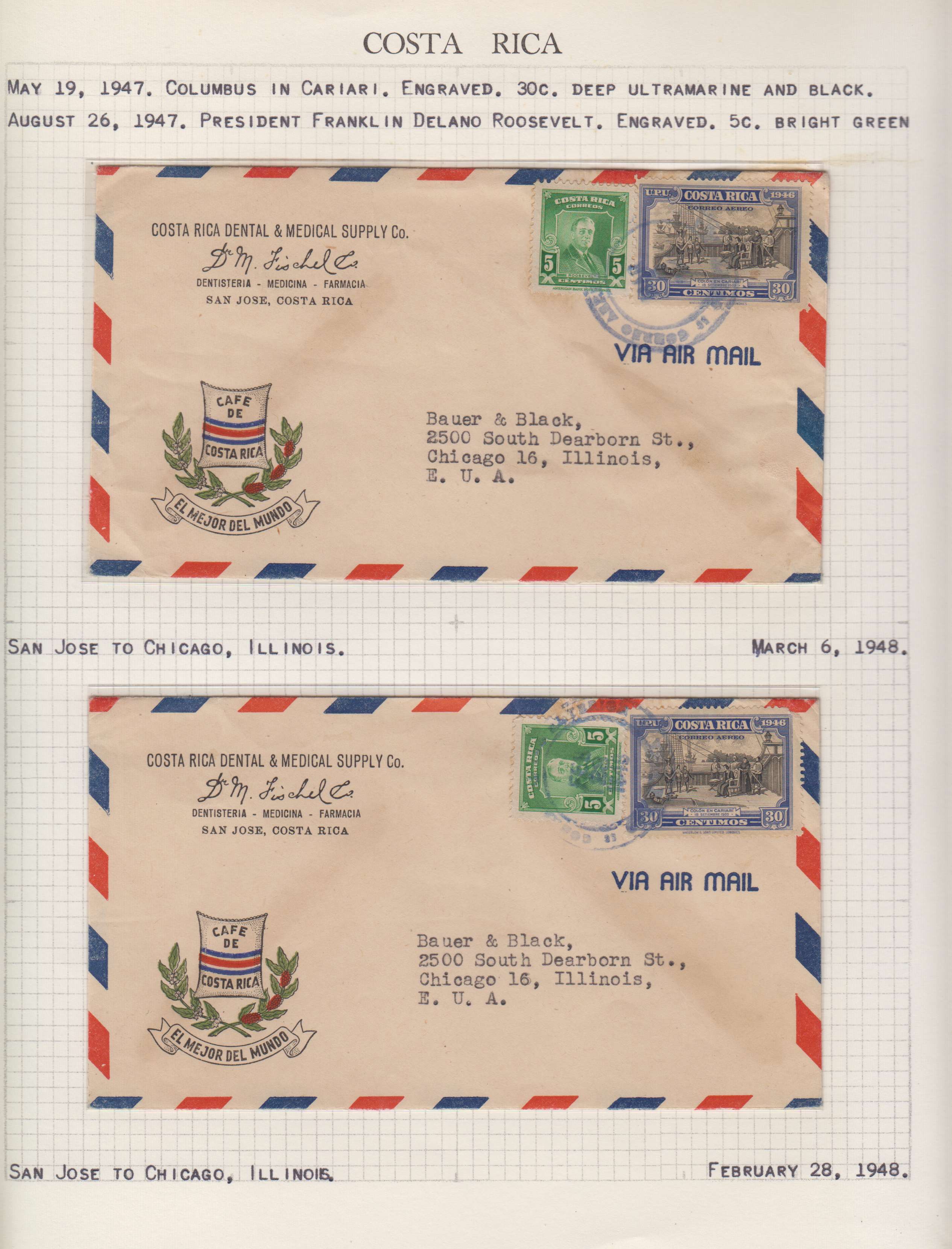 Costa Rica 1943 — Collection of 23 covers mounted on album pages, each described