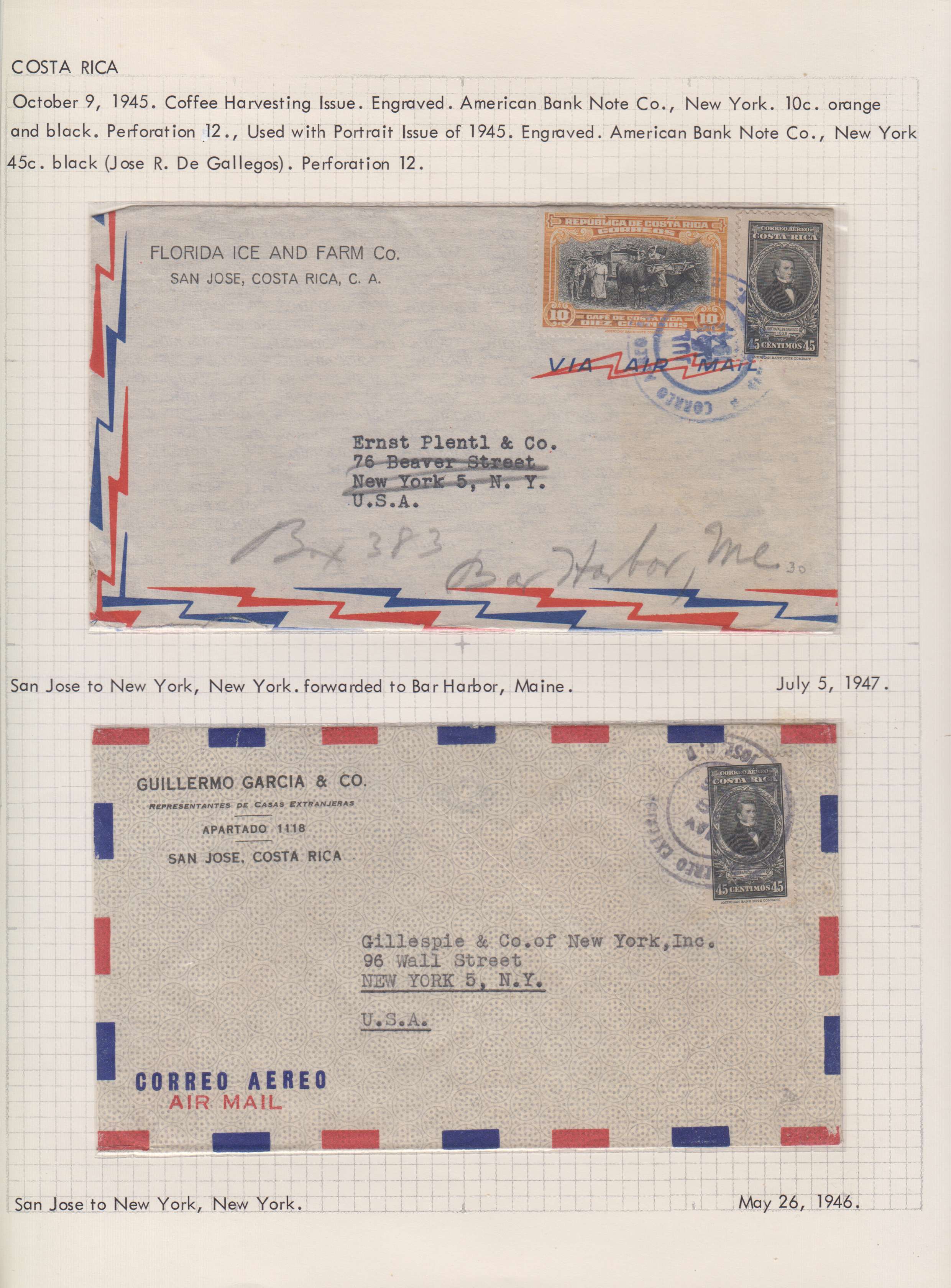 Costa Rica 1943 — Collection of 23 covers mounted on album pages, each described