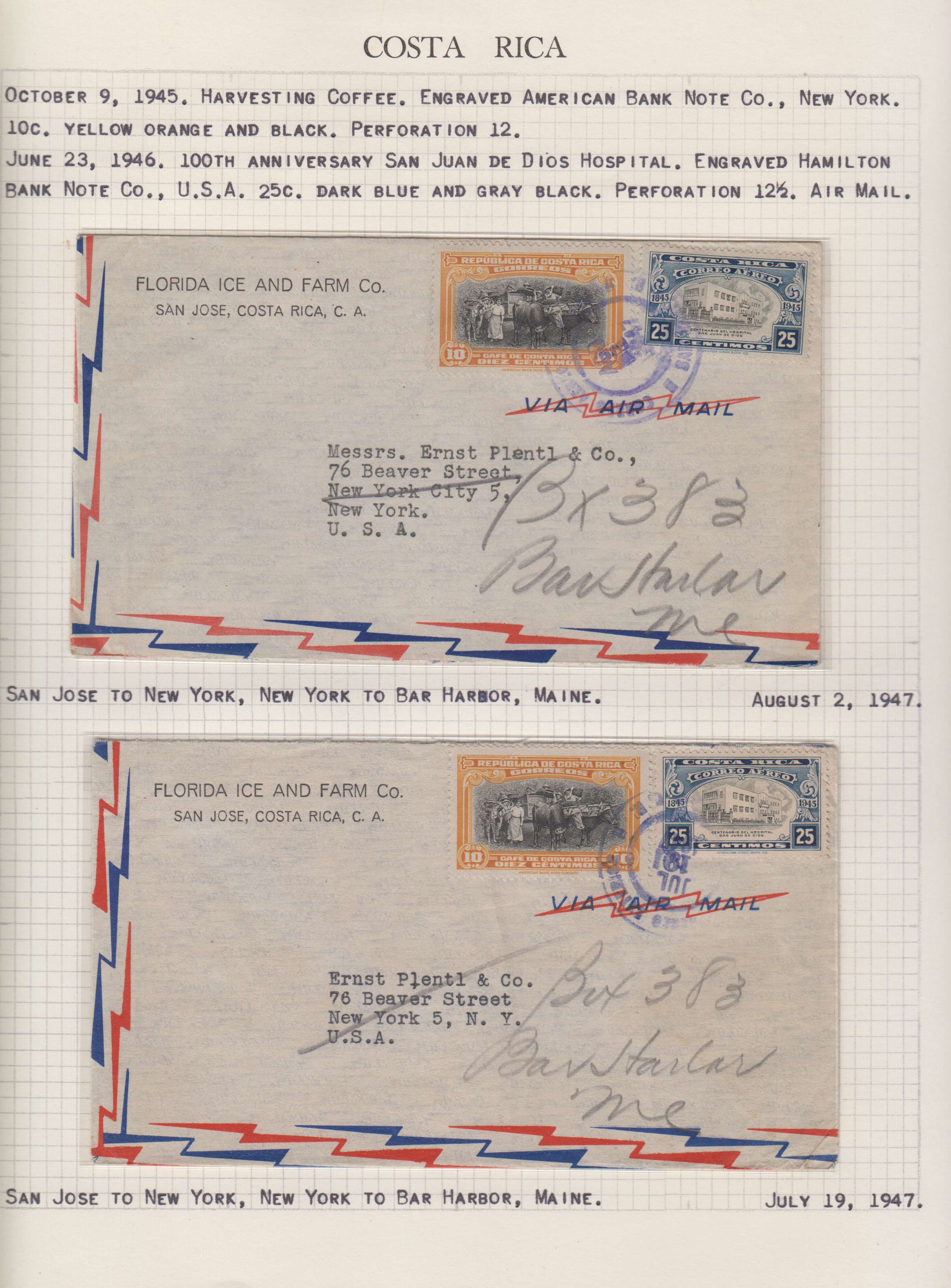 Costa Rica 1943 — Collection of 23 covers mounted on album pages, each described