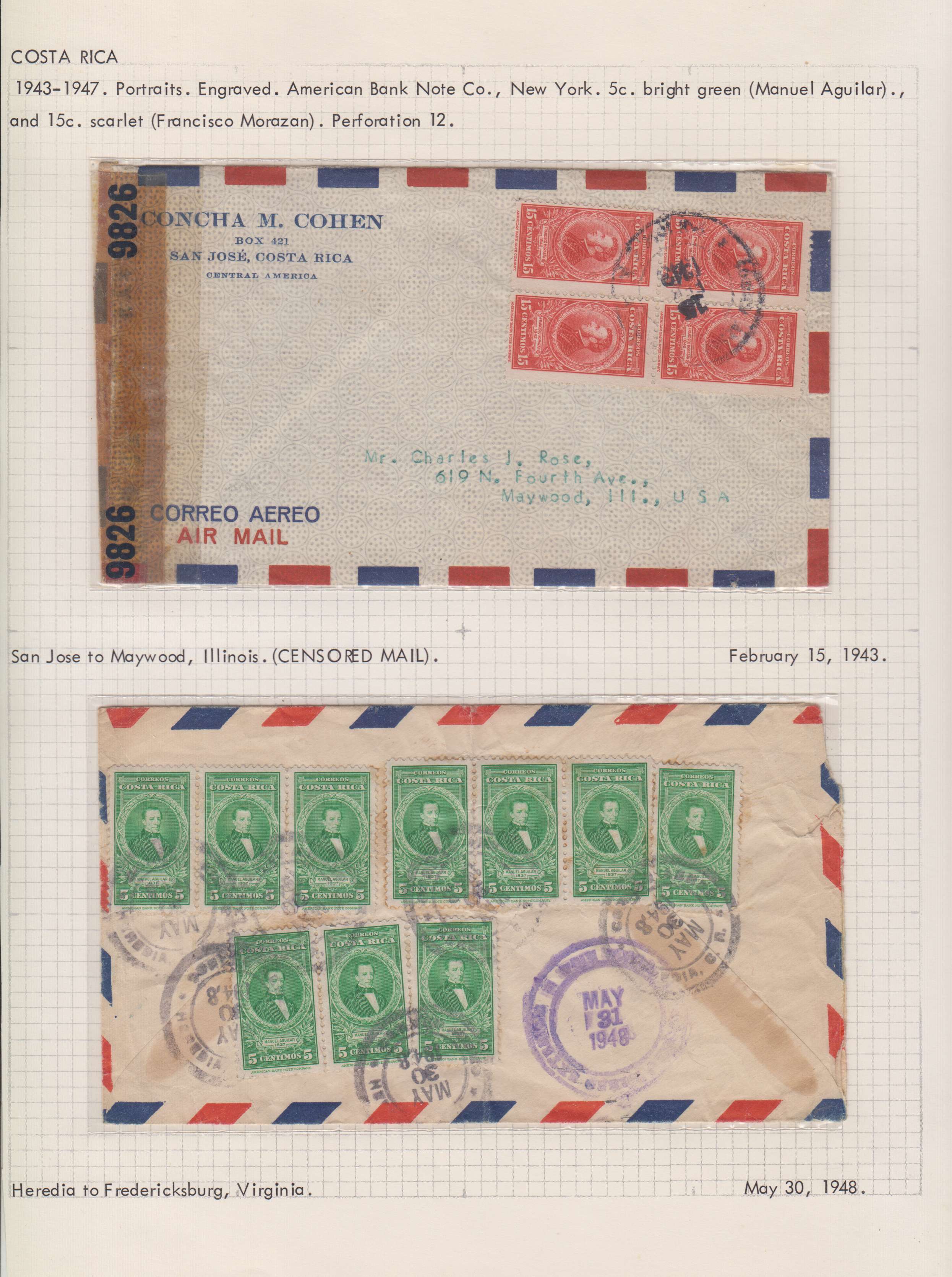 Costa Rica 1943 — Collection of 23 covers mounted on album pages, each described