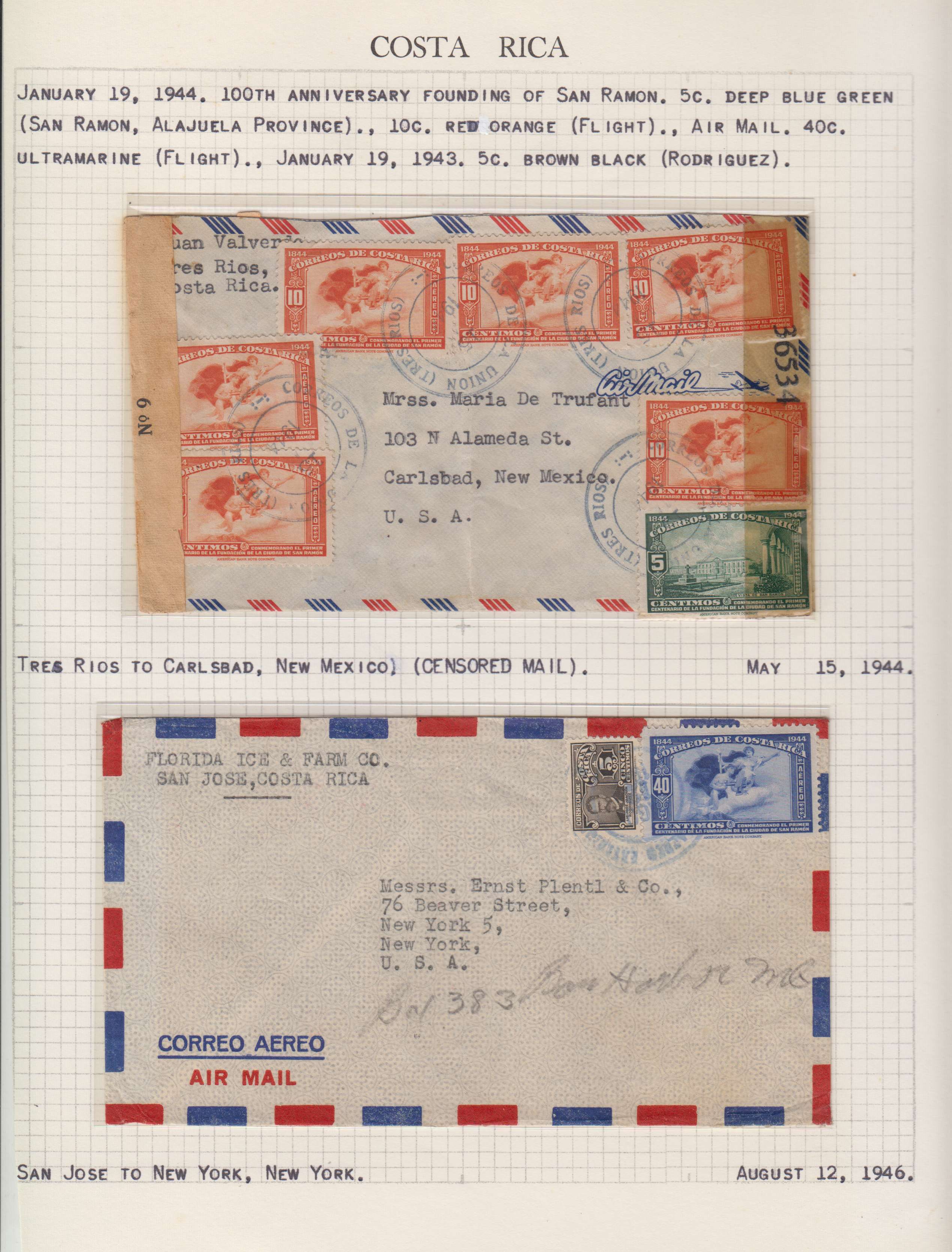 Costa Rica 1943 — Collection of 23 covers mounted on album pages, each described