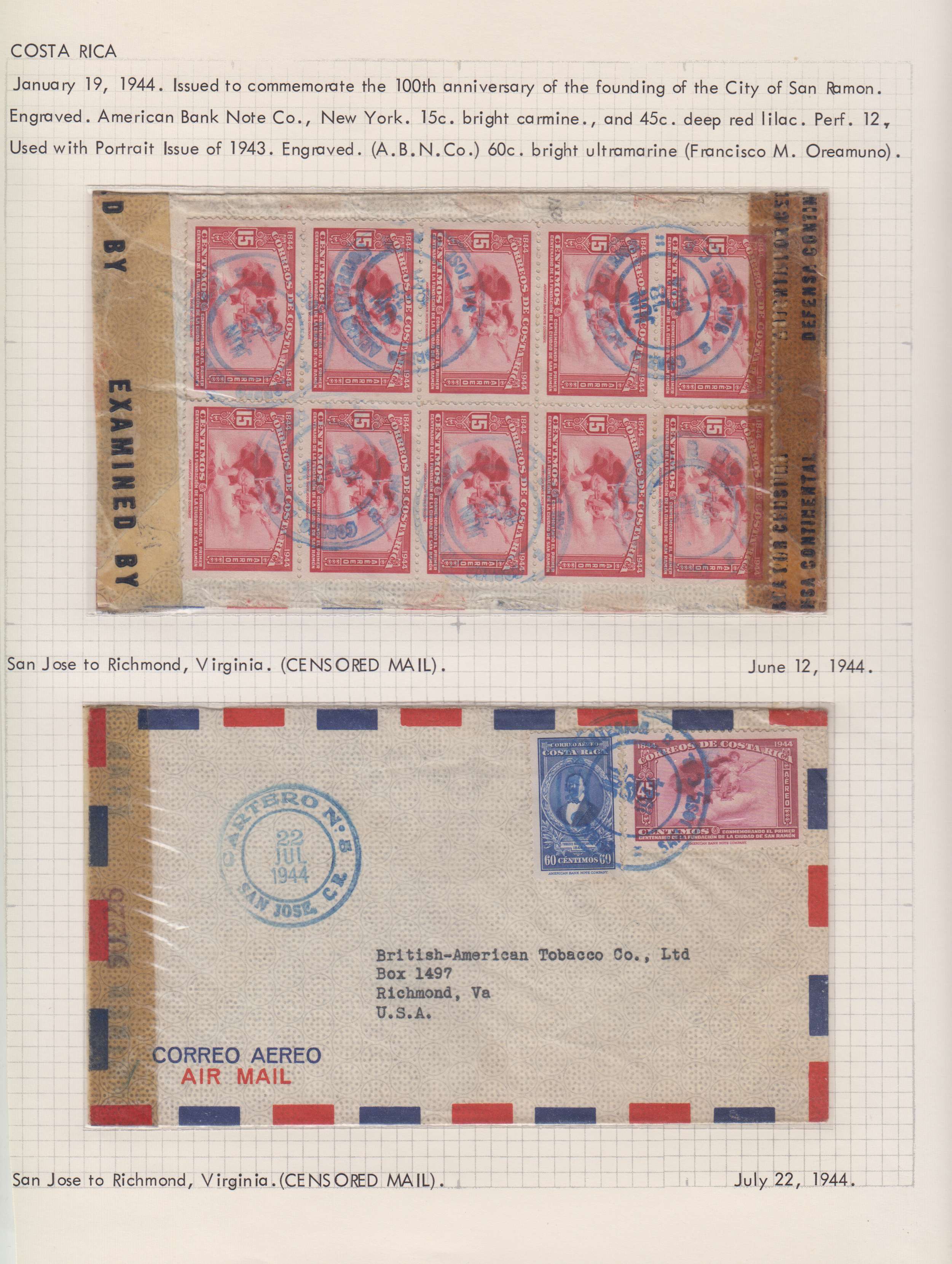 Costa Rica 1943 — Collection of 23 covers mounted on album pages, each described