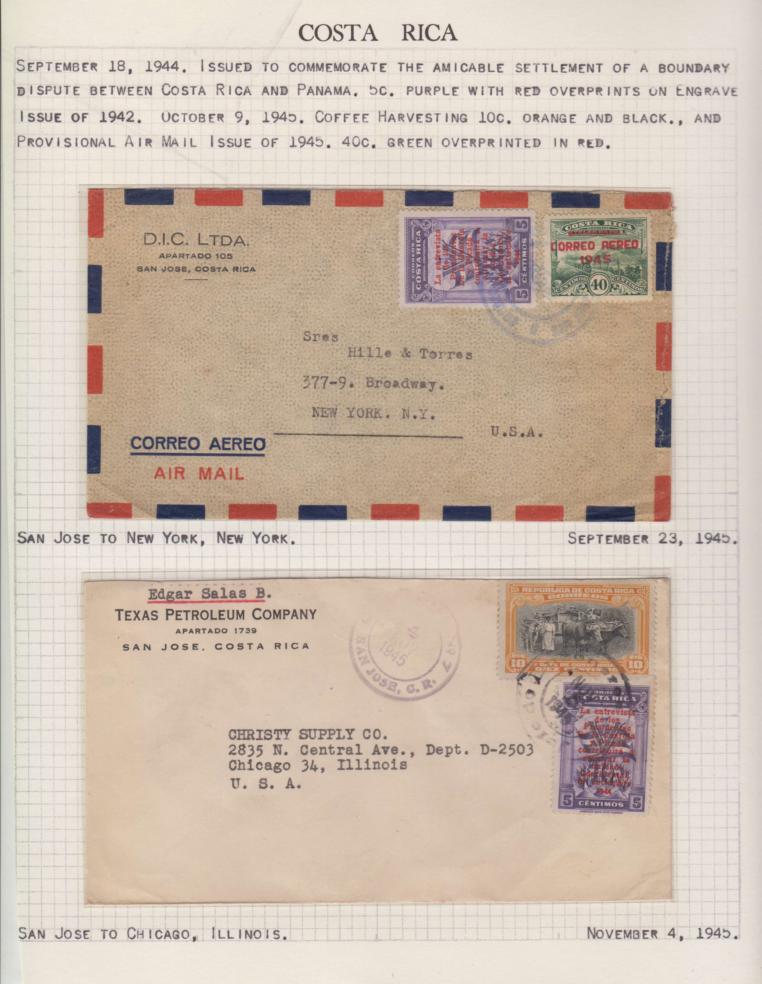 Costa Rica 1943 — Collection of 23 covers mounted on album pages, each described