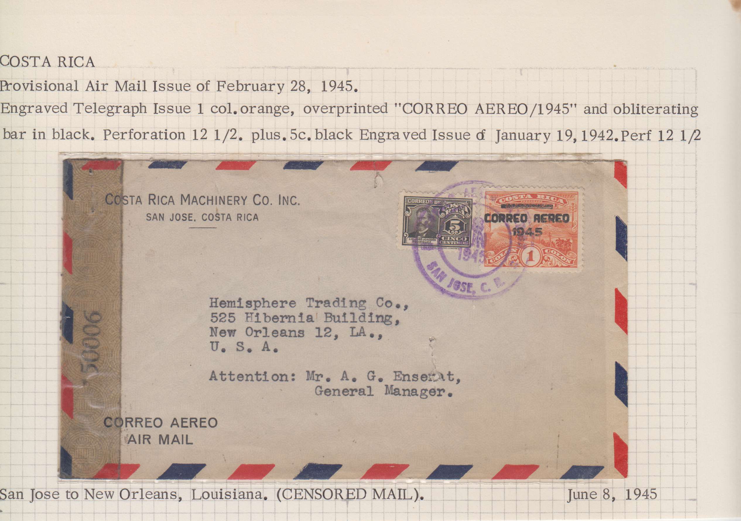 Costa Rica 1943 — Collection of 23 covers mounted on album pages, each described