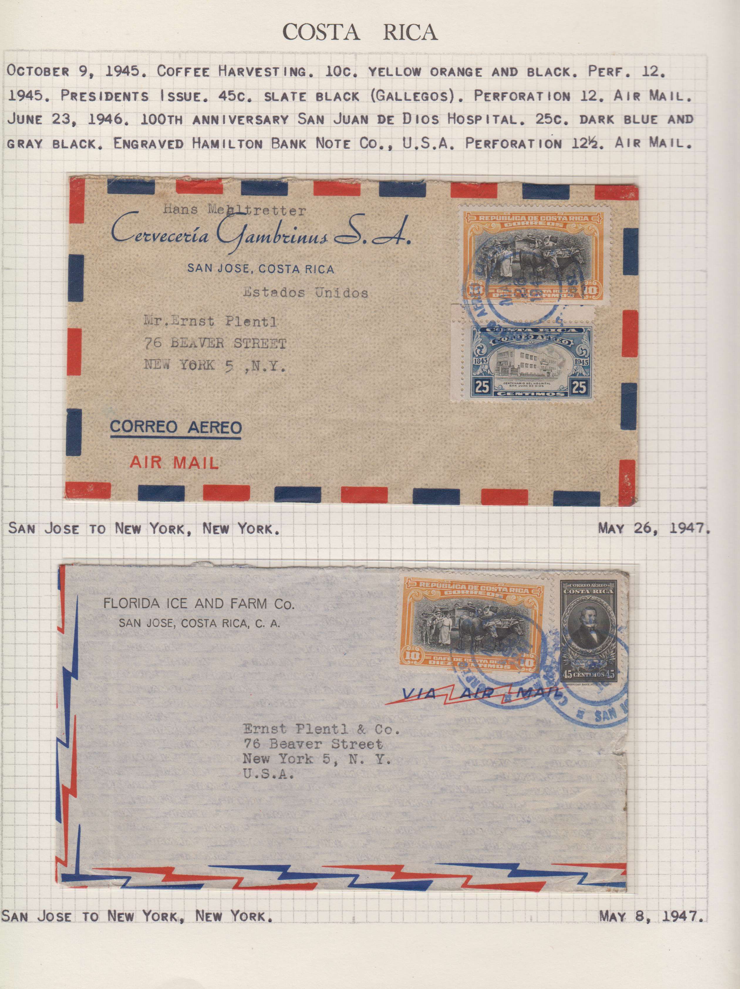 Costa Rica 1943 — Collection of 23 covers mounted on album pages, each described