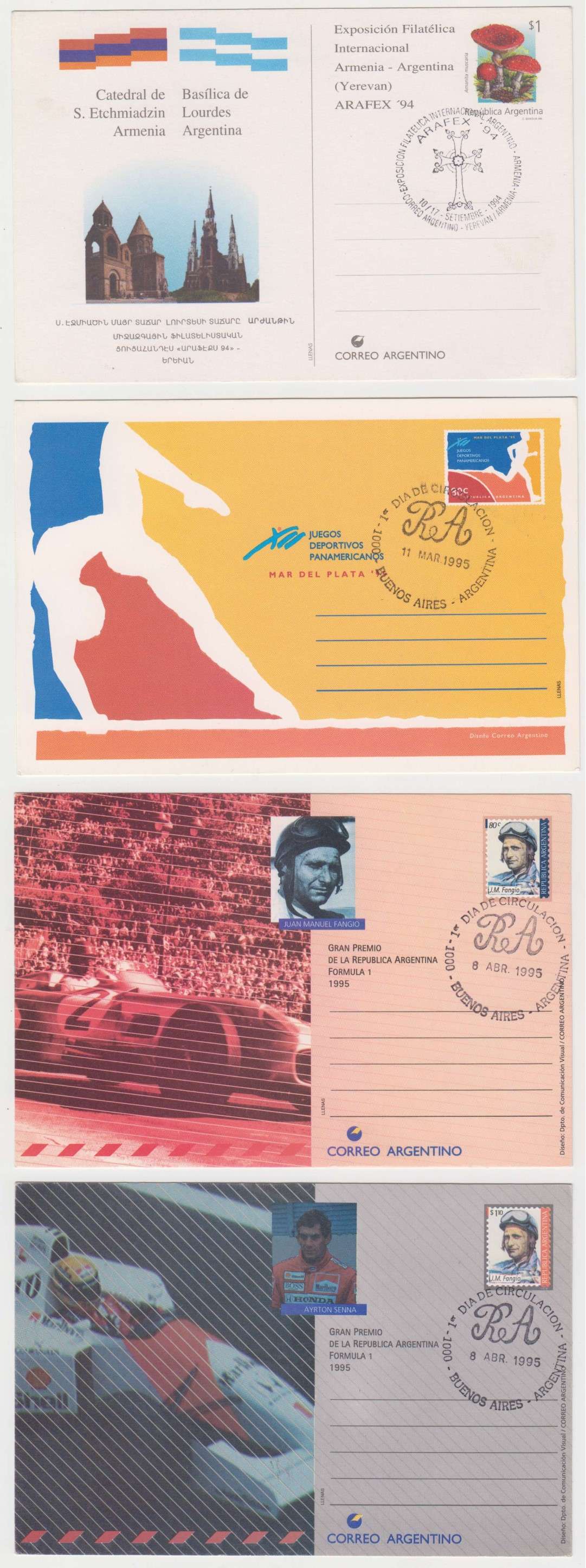 Argentina 1994 — Group of 36 different cards, used by first day cancels