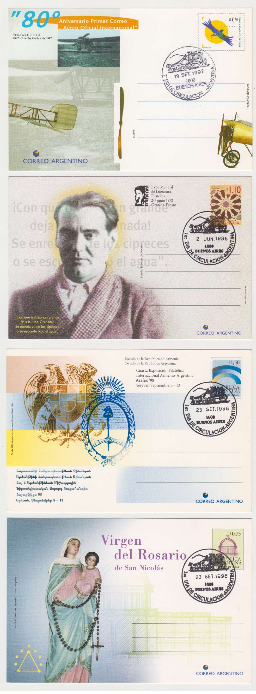 Argentina 1994 — Group of 36 different cards, used by first day cancels