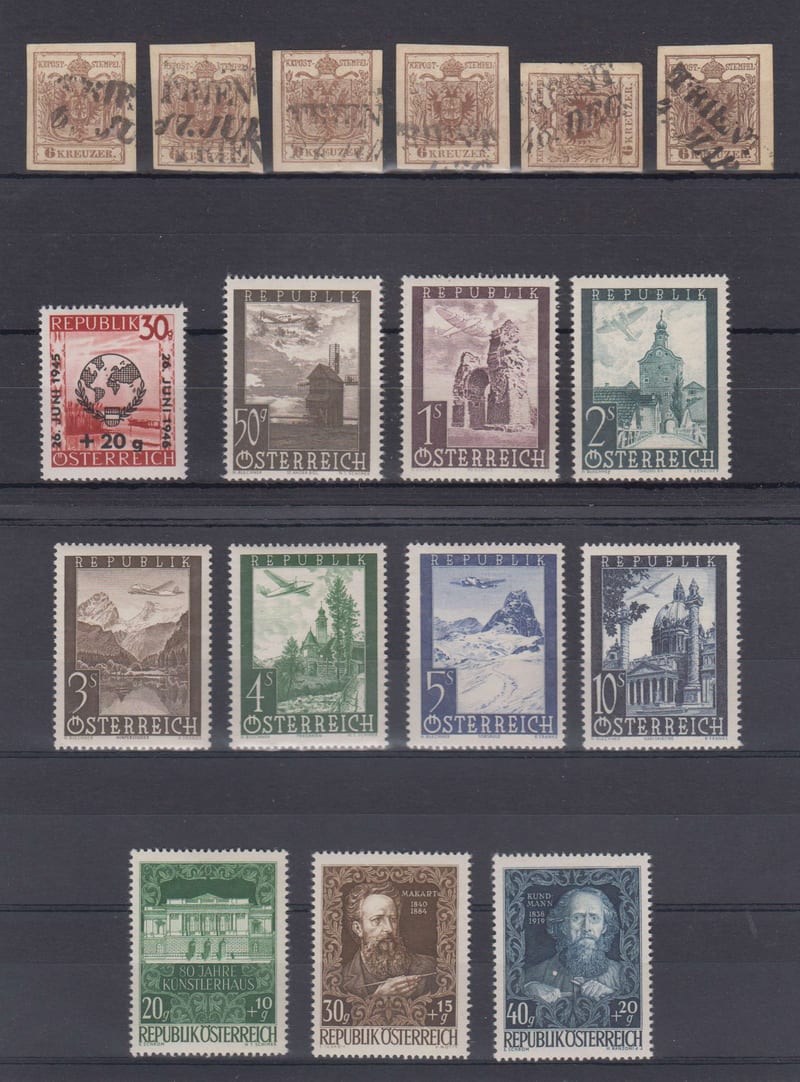 Austria — Scott 4b (6x), B166, B245 - B251, C47 - C53 & Scott unlisted, Ank 75 on piece