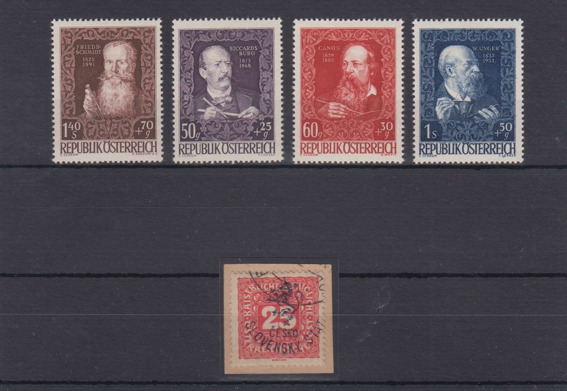 Austria — Scott 4b (6x), B166, B245 - B251, C47 - C53 & Scott unlisted, Ank 75 on piece