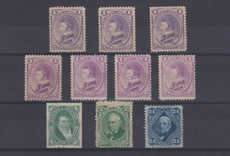Argentina 1873 — Scott 22, 22a, 35, 38 & 56 GJ #35, 35A, 50, 53 & 55