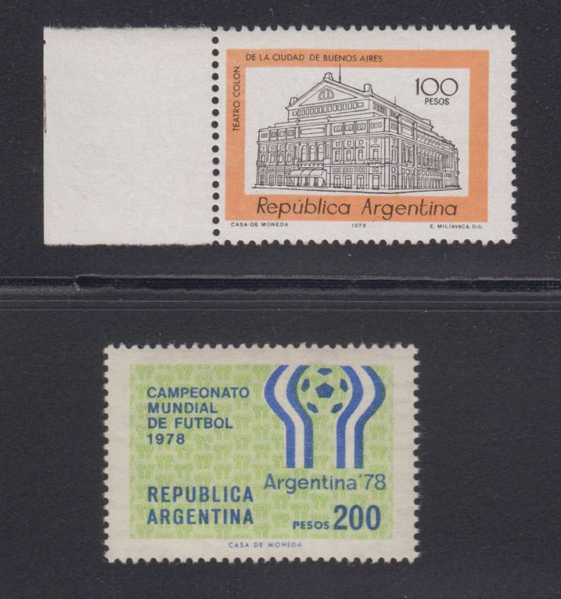 Argentina 1977 — Scott 1166a marginal single & 1179a