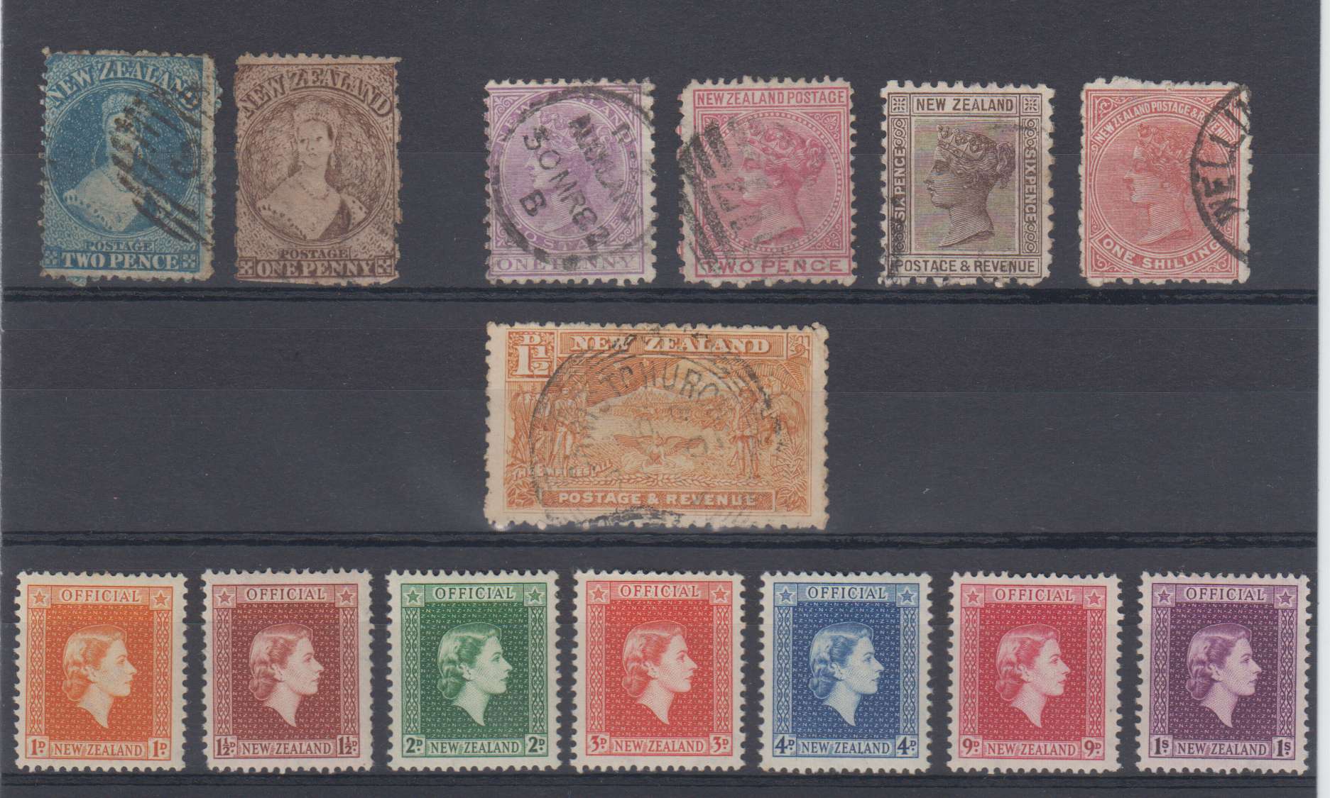 New Zealand 1864 — Scott 32, 39, 51, 52, 65, 67, 101 & 0100-0106