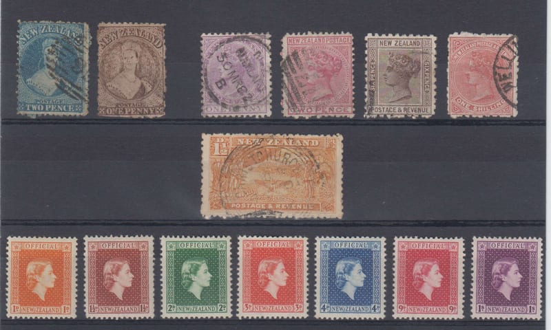 New Zealand 1864 — Scott 32, 39, 51, 52, 65, 67, 101 & 0100-0106