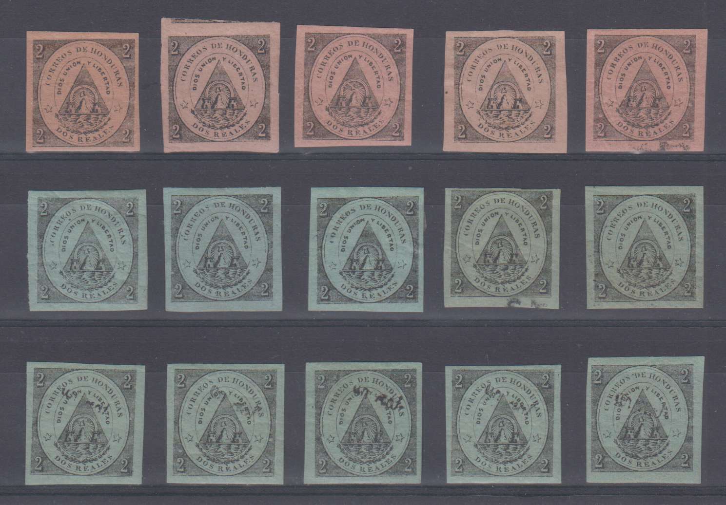 Honduras 1865 — Scott 1-2 full sets & 13
