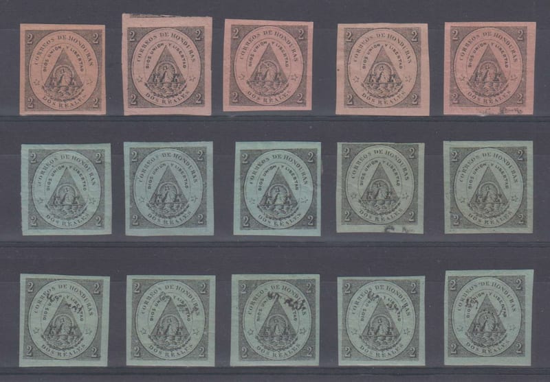 Honduras 1865 — Scott 1-2 full sets & 13