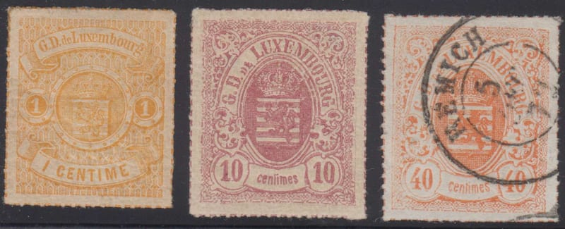 Luxembourg 1865 — Scott 18, 19 & 25 top value