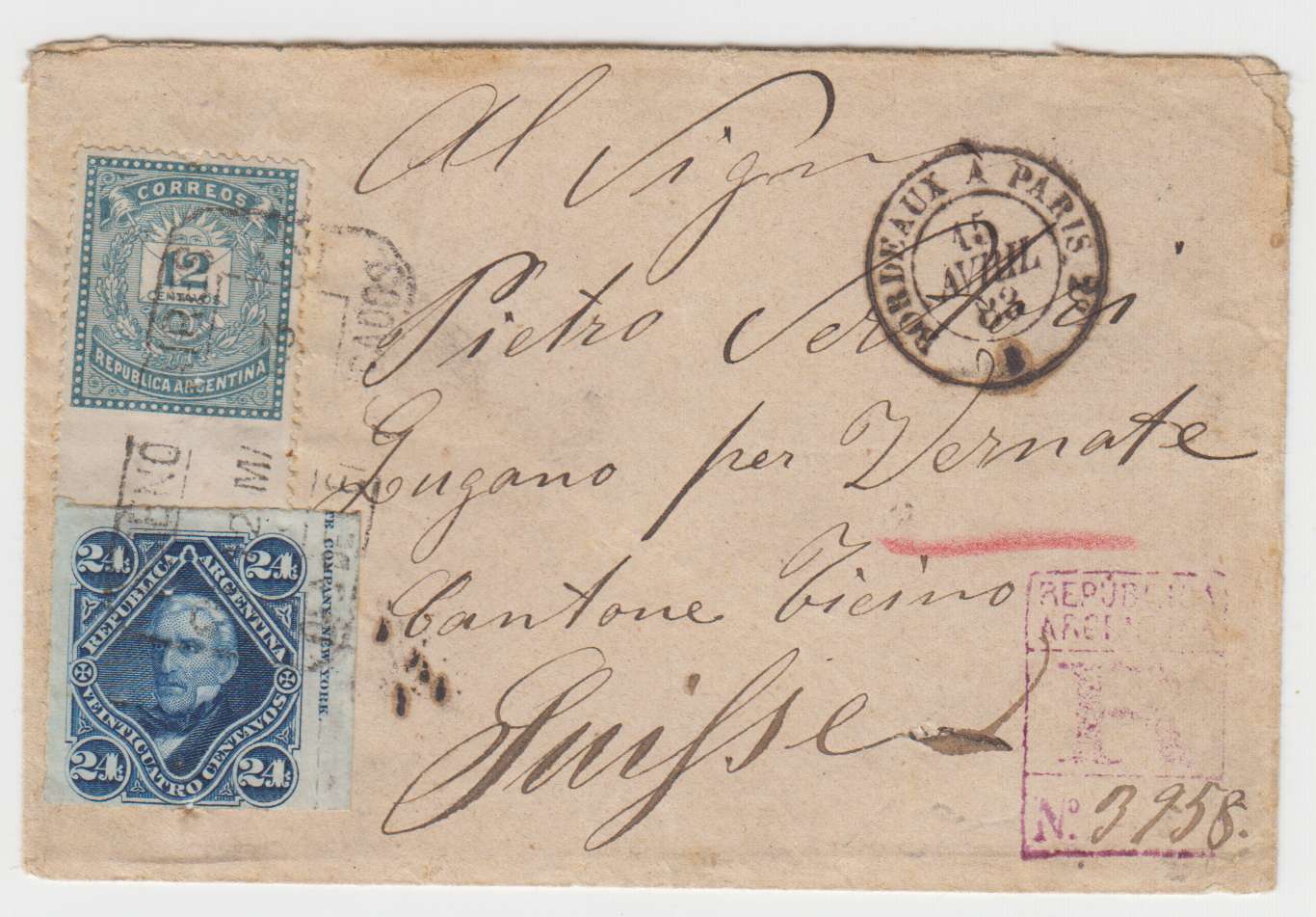 Argentina 1883 — Registered cover to Lugano, Switzerland