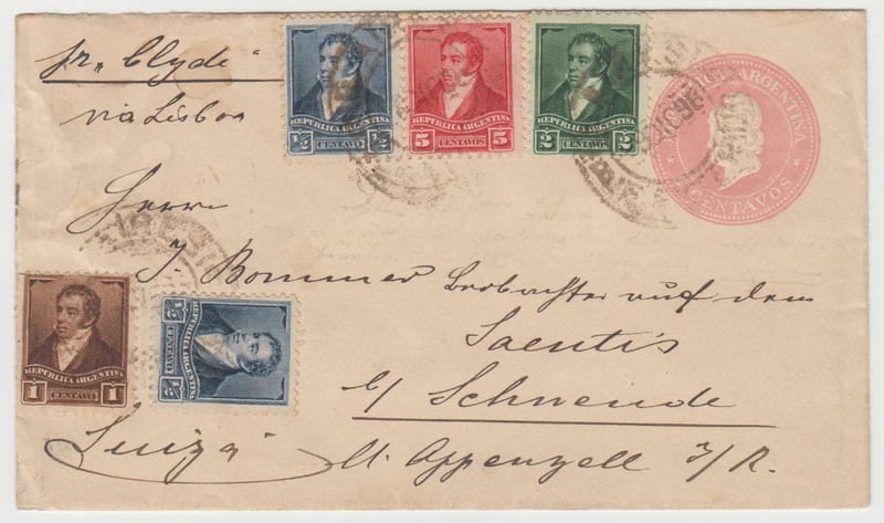 Argentina 1898 — 5 cents envelope with Scott 106-108 & 110 for a 14 cents rate, "Buenos Aires" 9 Dic 98…