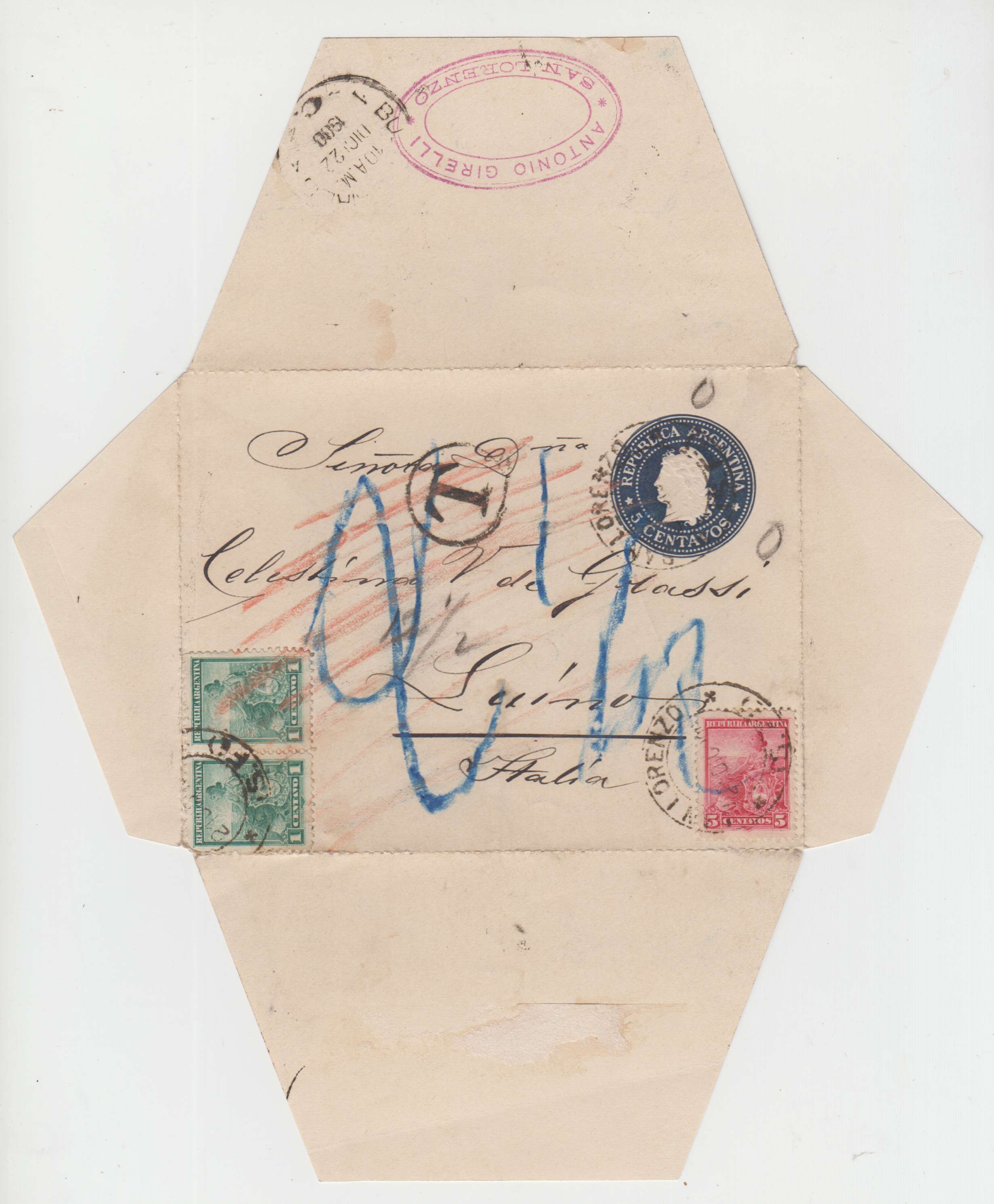 Argentina 1900 — Due Rated PS 5 cents letter sheet with Scott 123 pair & 127 tied by "San Lorenzo" (S.F.)"…