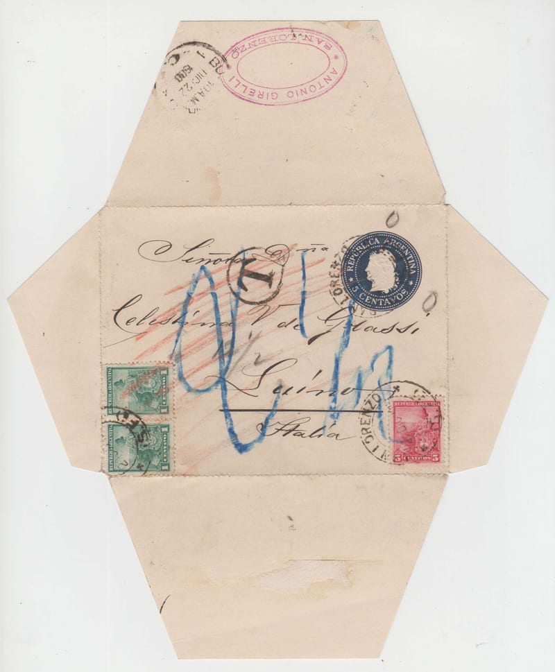 Argentina 1900 — Due Rated PS 5 cents letter sheet with Scott 123 pair & 127 tied by "San Lorenzo" (S.F.)"…