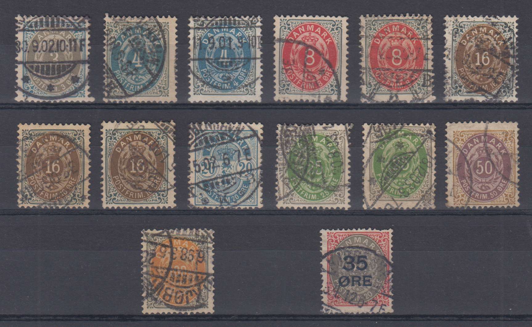 Denmark 1895 — Scott 41, 42 (2x), 44 (2x), 47, 47a (2x), 48, 50 (2x), 51, 52 & 80