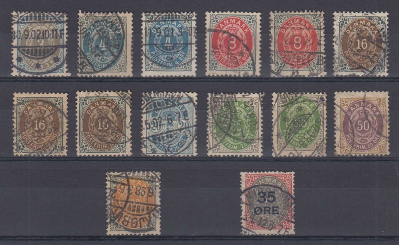 Denmark 1895 — Scott 41, 42 (2x), 44 (2x), 47, 47a (2x), 48, 50 (2x), 51, 52 & 80