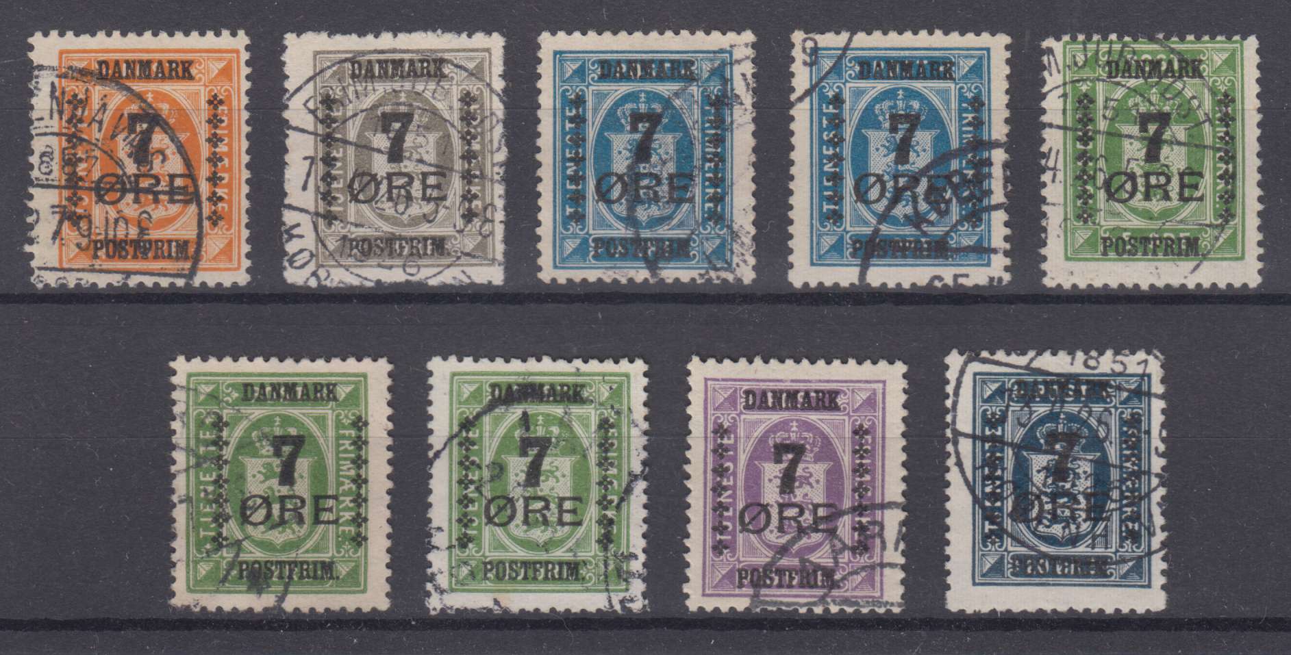 Denmark 1926 — Scott 185-191 with extra shades of Scott 187 & 189