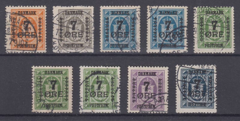 Denmark 1926 — Scott 185-191 with extra shades of Scott 187 & 189