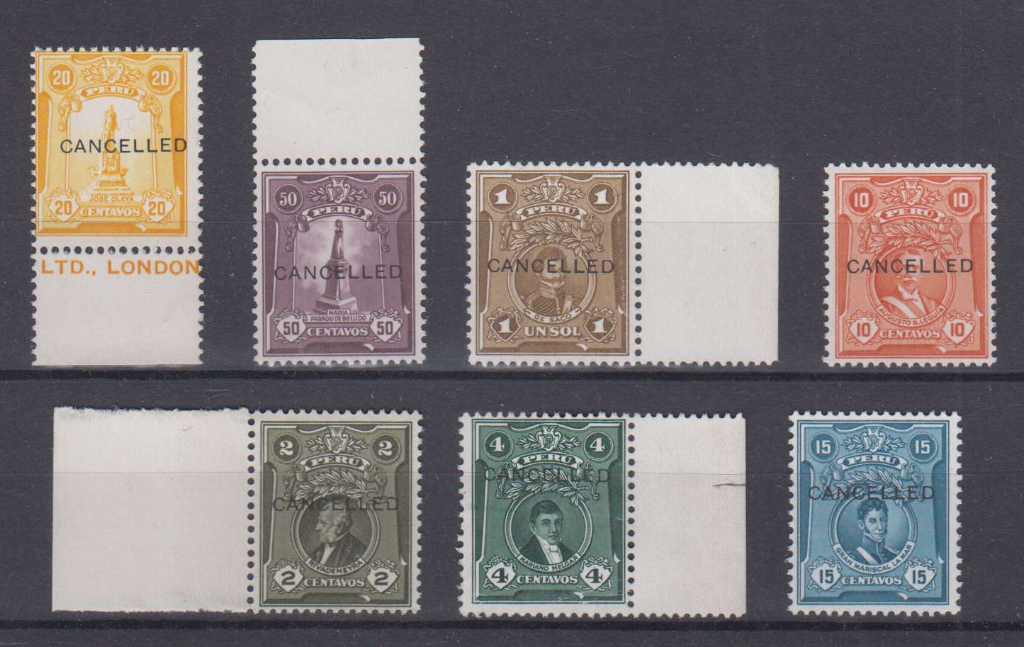 Peru 1931 — Scott 276-282 & Unissued 10 cents Leguia Bustamante 338